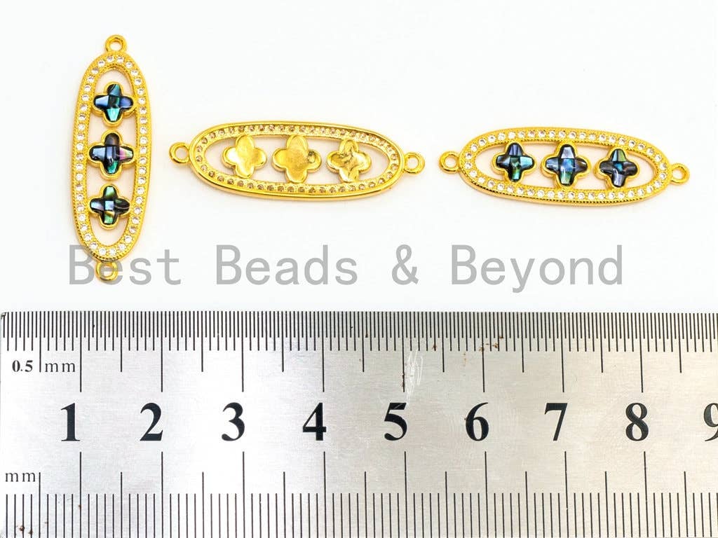CZ Micro Pave NATURAL Abalone Clover Oval Shaped Connector, Cubic Zirconia Abalone Link Connector Charm,10x32mm, 1pc, sku#Z36