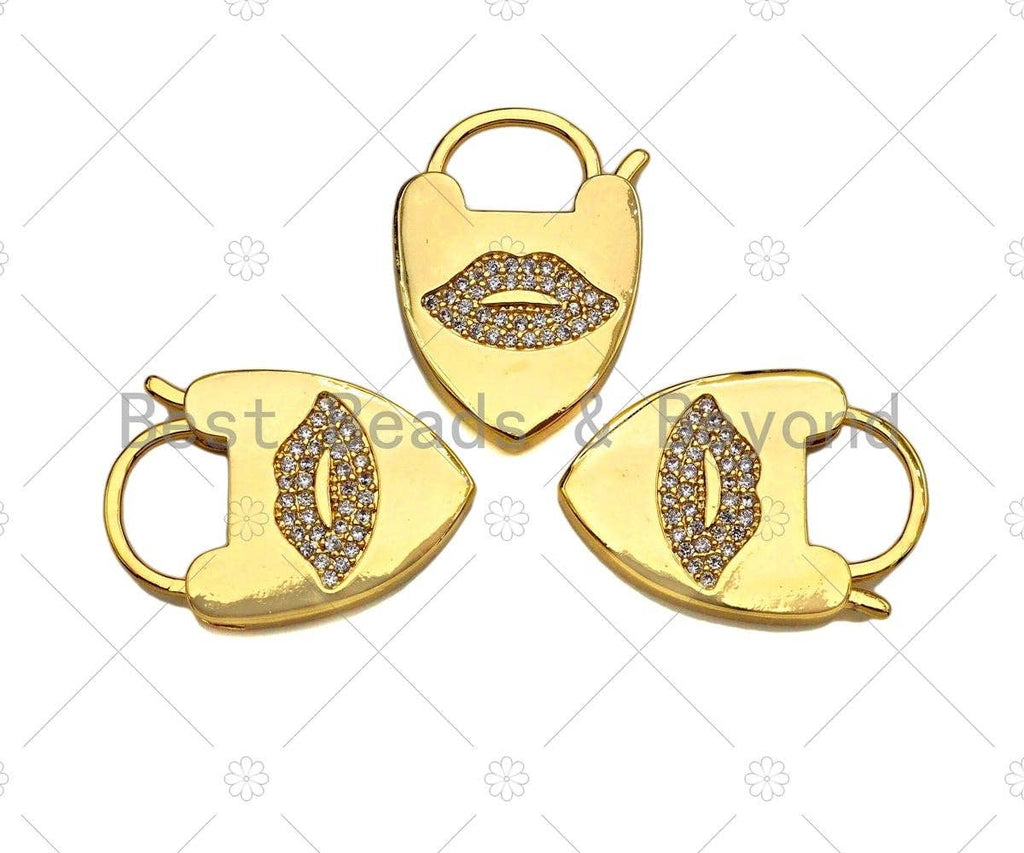 CZ Micro Pave Lips Padlock Clasp Charms, Lip CZ On Padlock Clasp, Gold Charm Pendant, Padlock Necklace Charm Connector, 17x24mm, Sku#K161