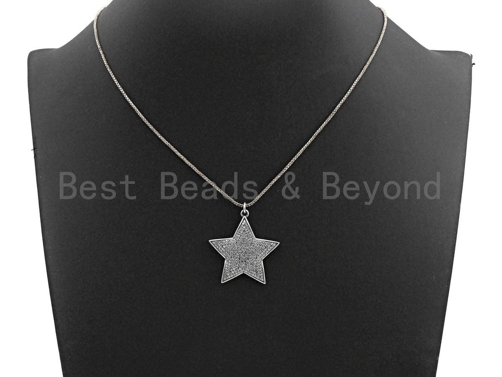 Rhidium CZ Micro Pave Five Star Pendant/Charm, Antique Silver Star Cubic Zirconia Pendant Charm, 31x32mm,sku#X120