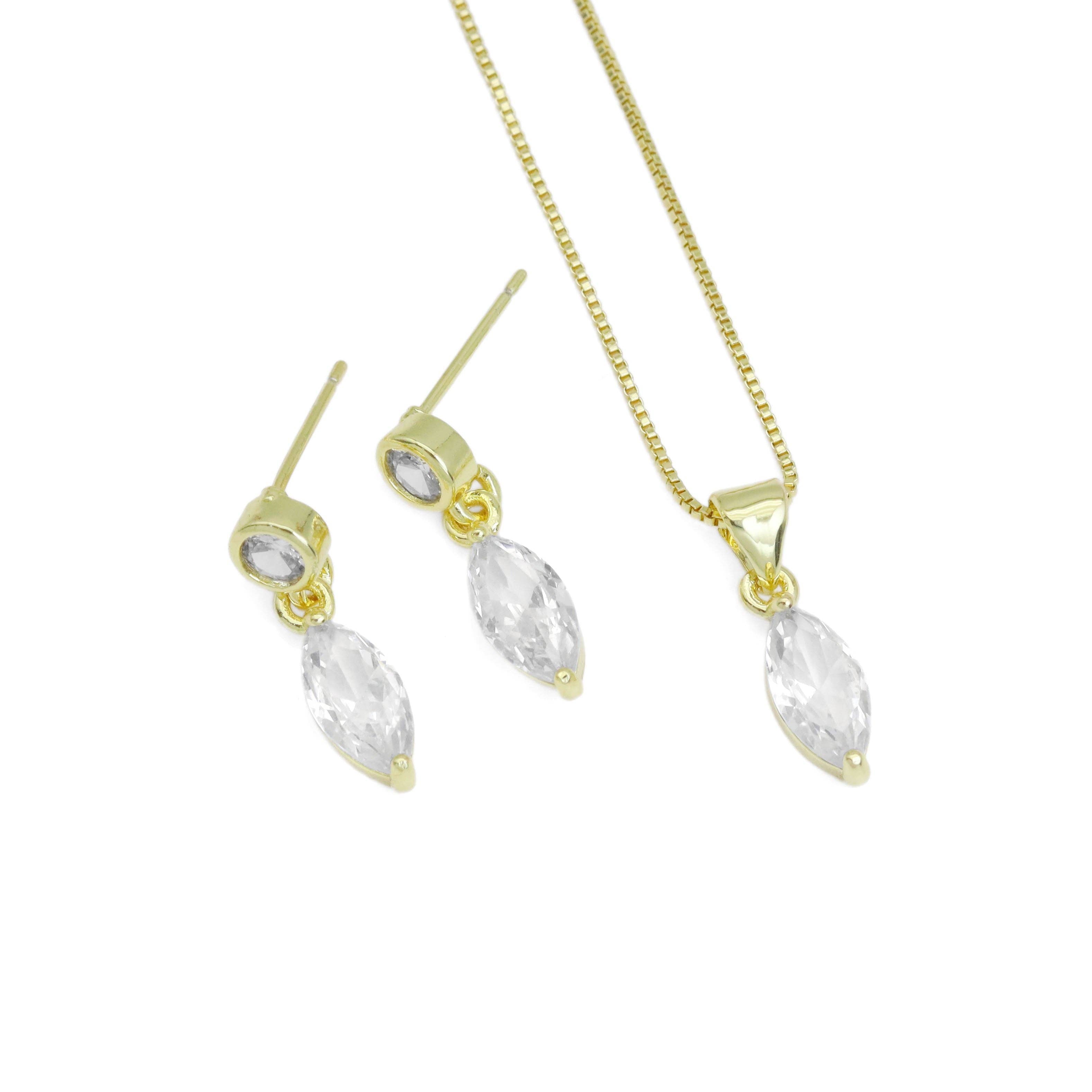 Clear Oval CZ Gold Stud Earrings, Charm Pendant,Sku#LK933/LK939
