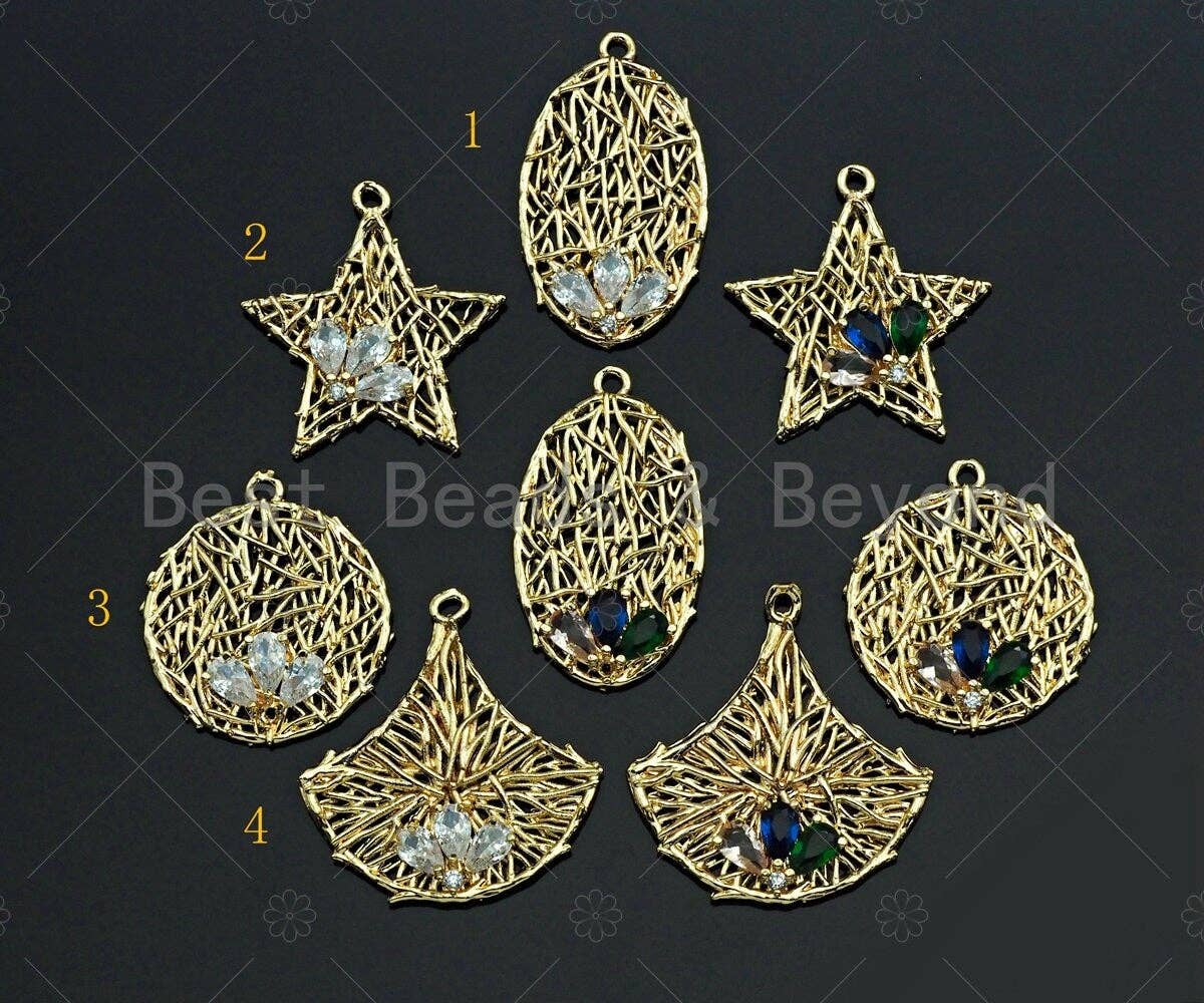 Filigree Gold Lacy Charm with Gemstone, Star/oval/Round/Fan Shape Brushed Gold Twisted Wire Charm for Earrings necklace making, sku#CP12