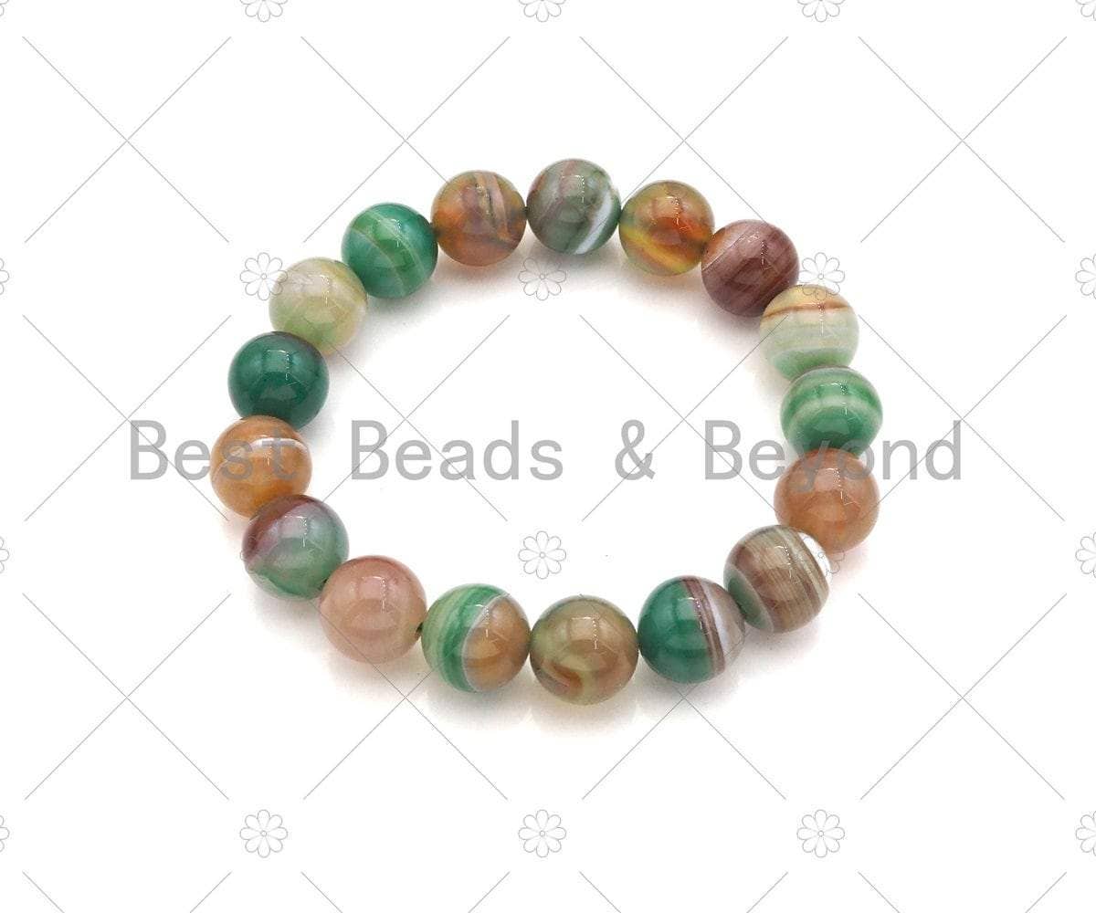 Natural Green Brown Banded Agate Stretchy Bracelet, Sku#EF25c