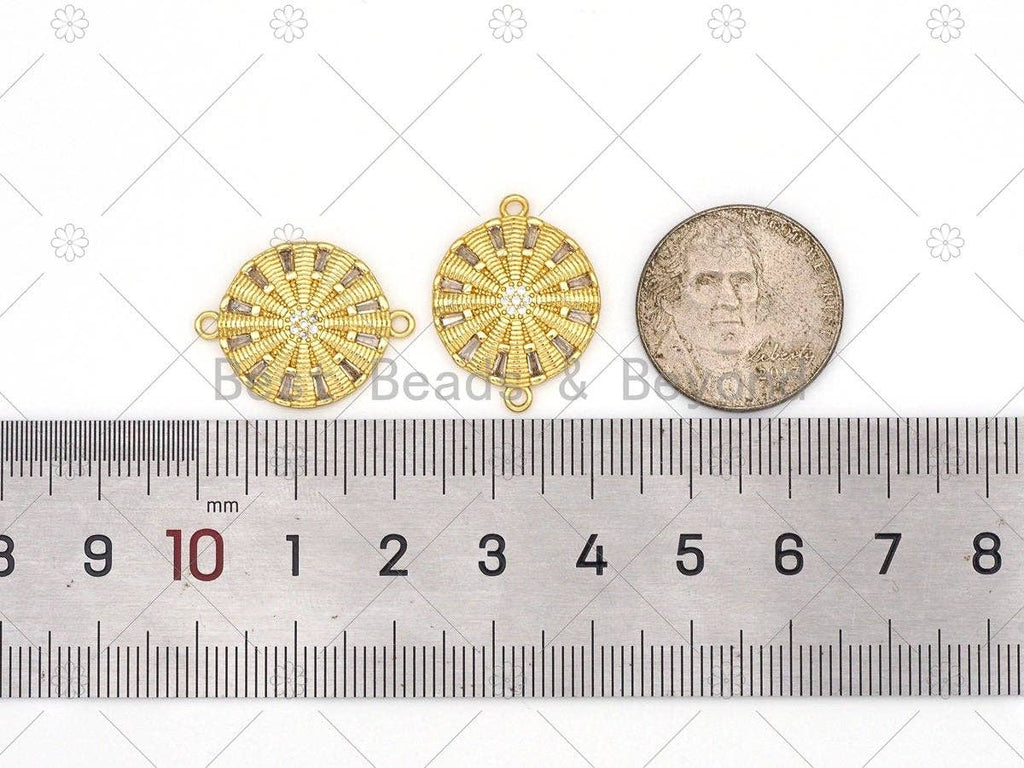 Big CZ Micropave Flower On Round Coin Connector, 18K Gold Filled Disct Connector, Necklace Bracelet Connector, 23x17mm, Sku#JL58