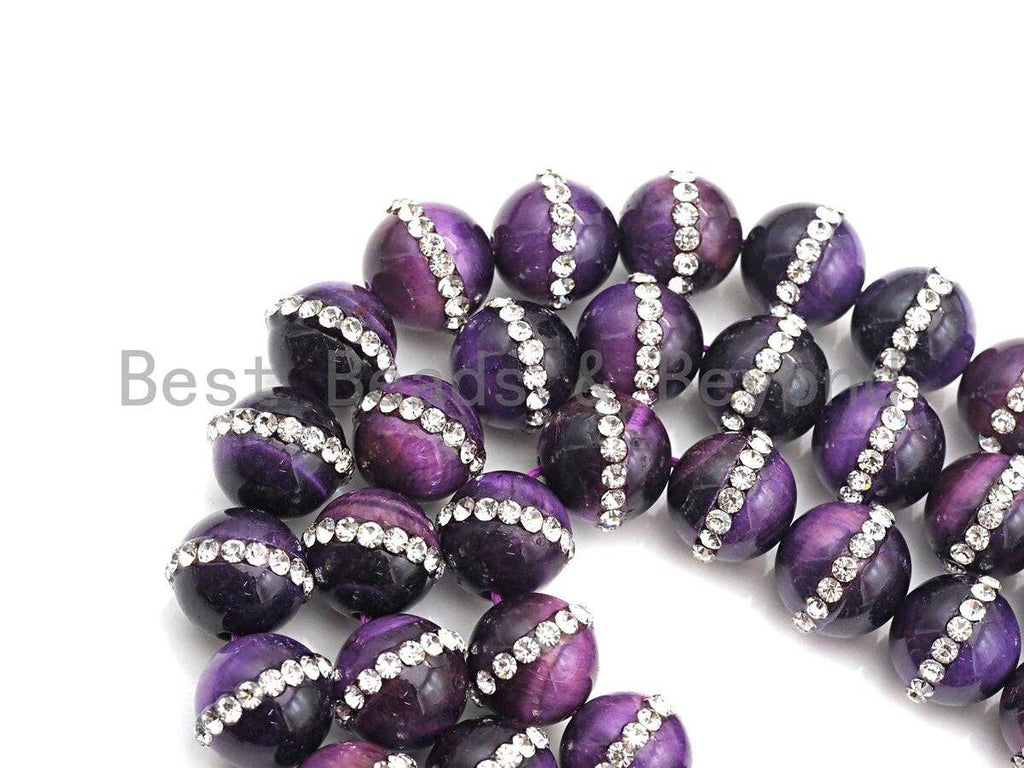 High Quality Purple Tiger Eye with Rhinestone Inlaid, 6mm/8mm/10mm/12mmRound Tiger Eye Beads, 15.5'' Full Strand, SKU#V55