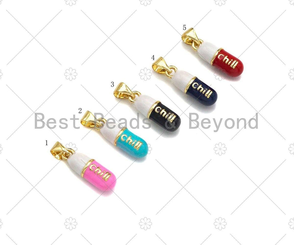 Colorful Enamel Pill Shape Pendant Charm, Gold/Silver Chill Word Pink Turquoise Black Cobalt Red Enamel Jewelry,6x17mm,Sku#LK280