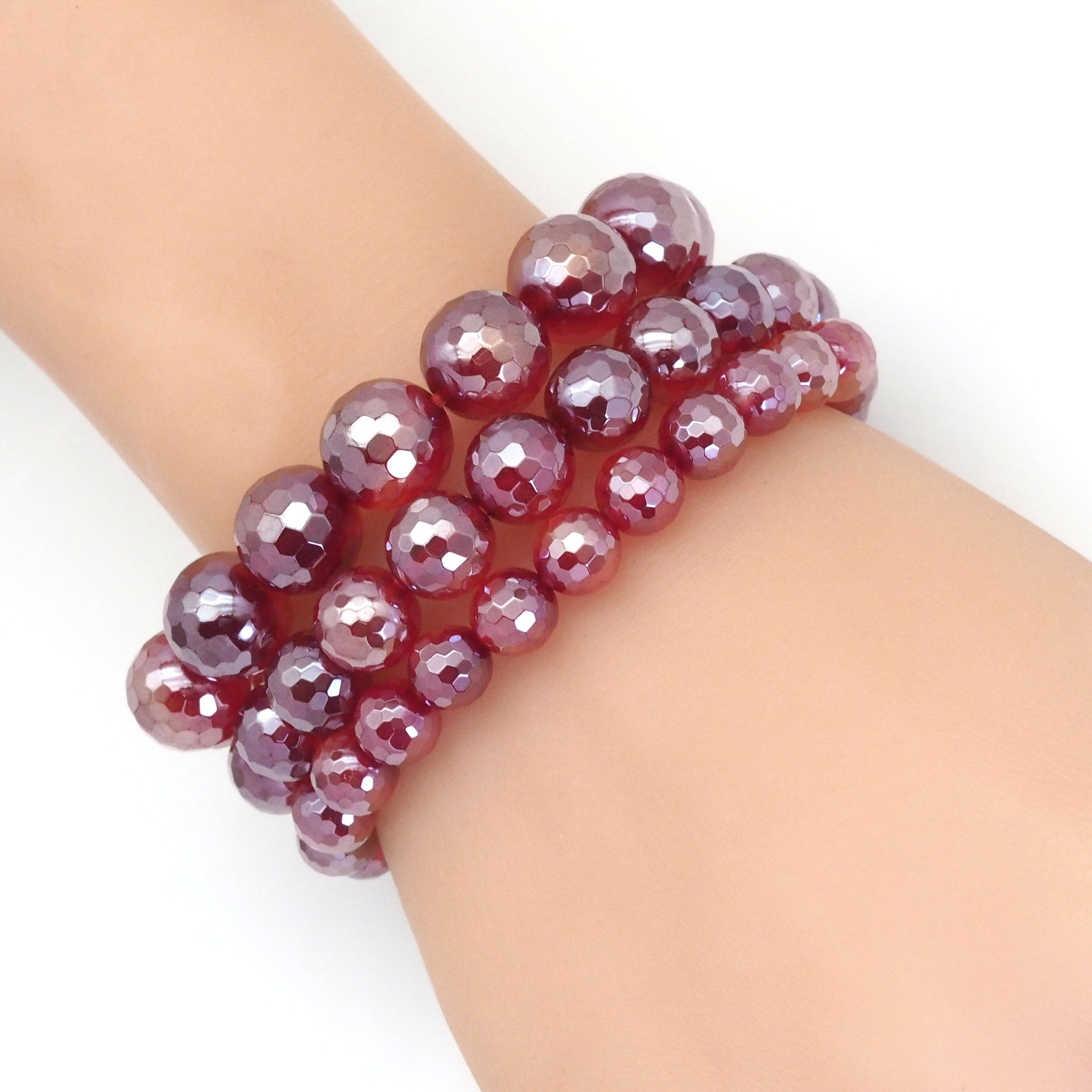 Mystic Red Agate Round Faceted Stretchy Bracelet, Sku#EF385C