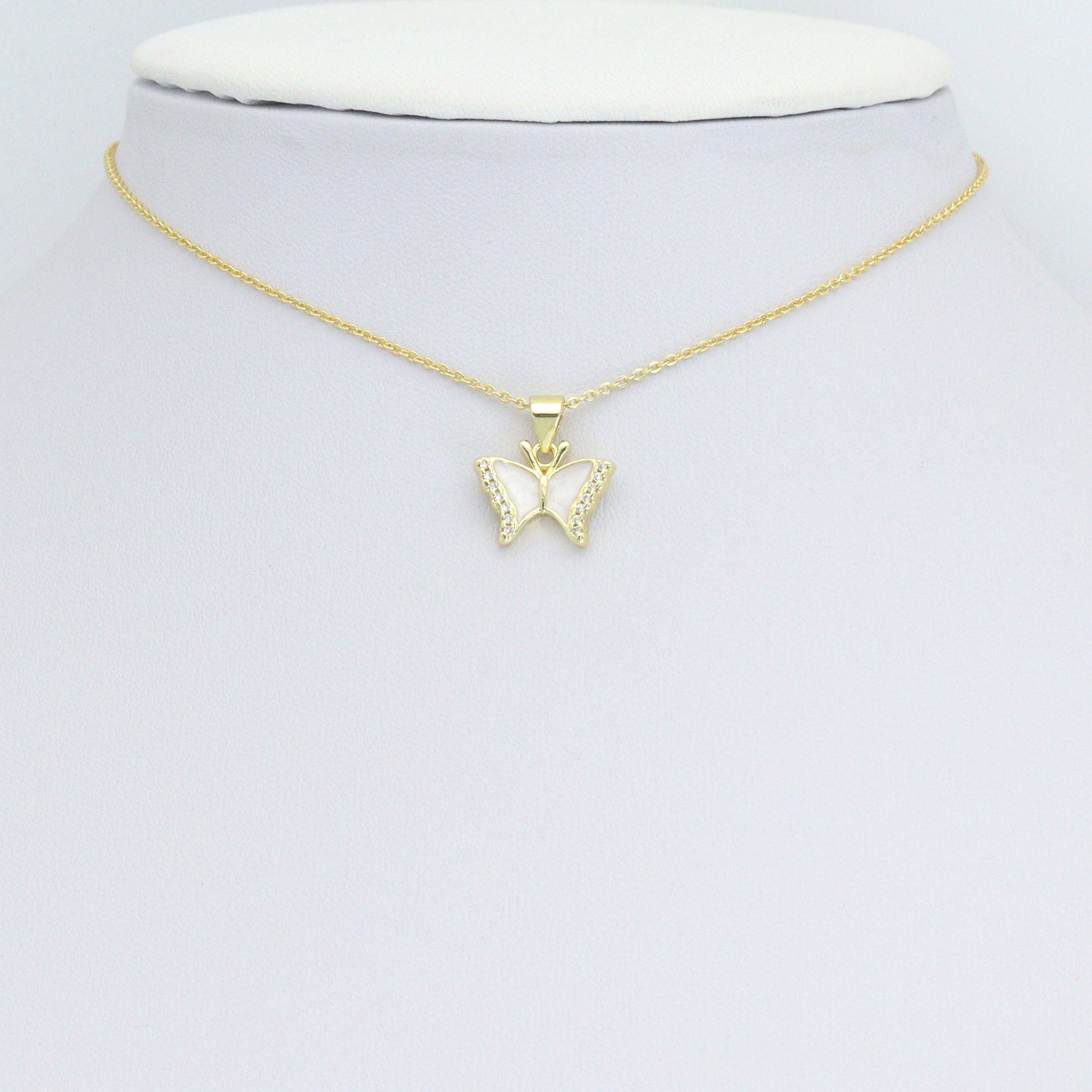 Clear CZ Gold White Enamel Butterfly Charm Pendant,Sku#LD713