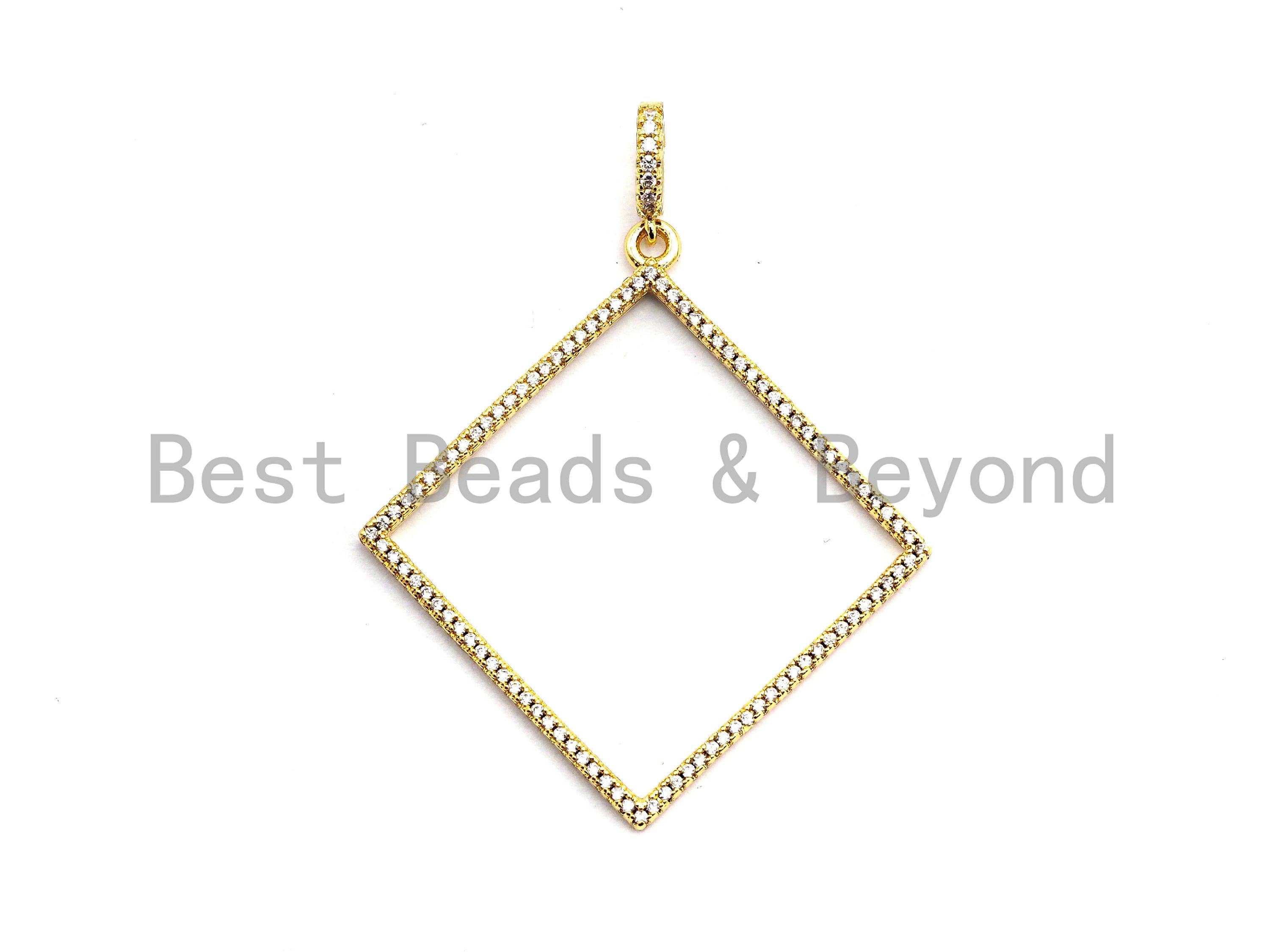 CZ Clear/Black Micro Pave Hollow Out Diamond Shape Pendant, CZ Pave Pendant, Gold/Rose Gold/Silver/Gunmetal, 43x46mm, Sku#F790