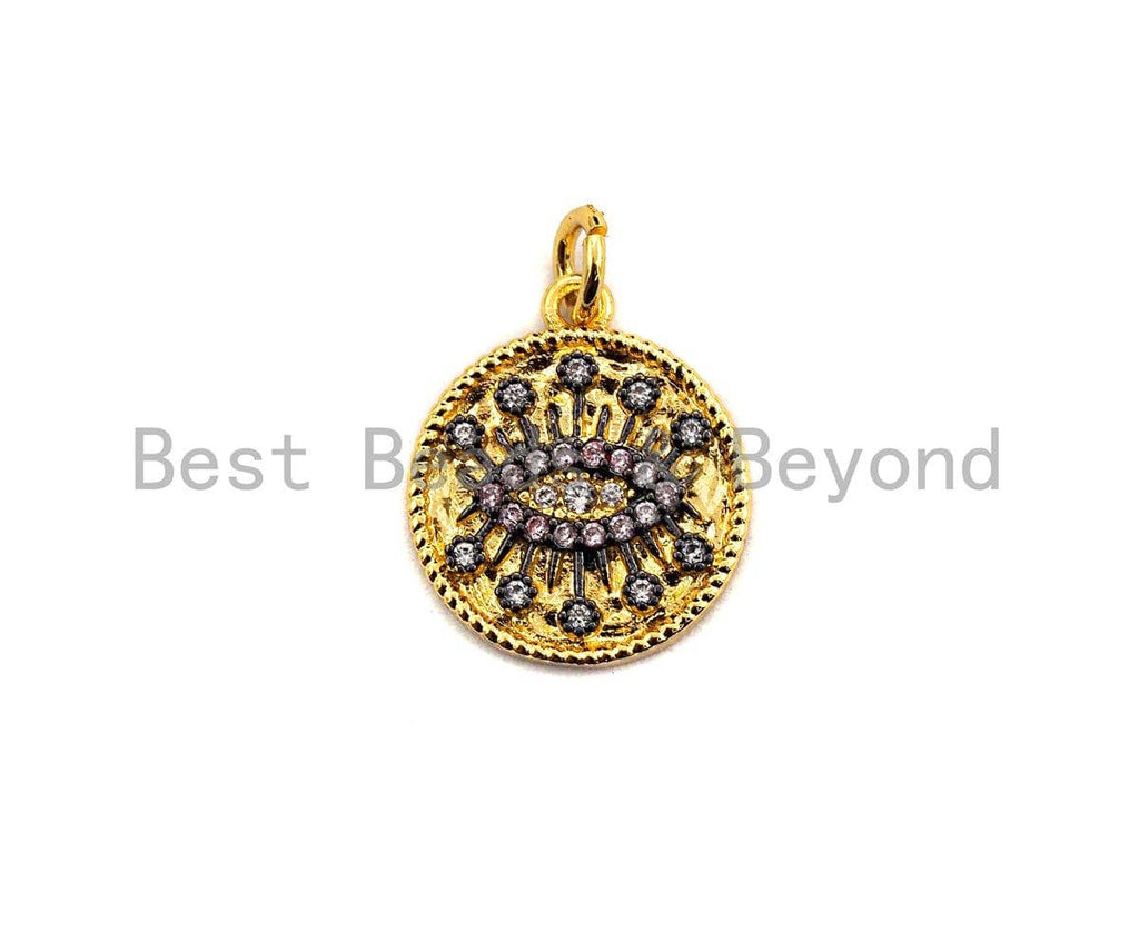 Dual Color CZ Micro Pave Evil Eye on Disc Pendant/Charm,Evil Eye Cubic Zirconia Pendant, Gold Tone,15x17mm,Sku#Z453