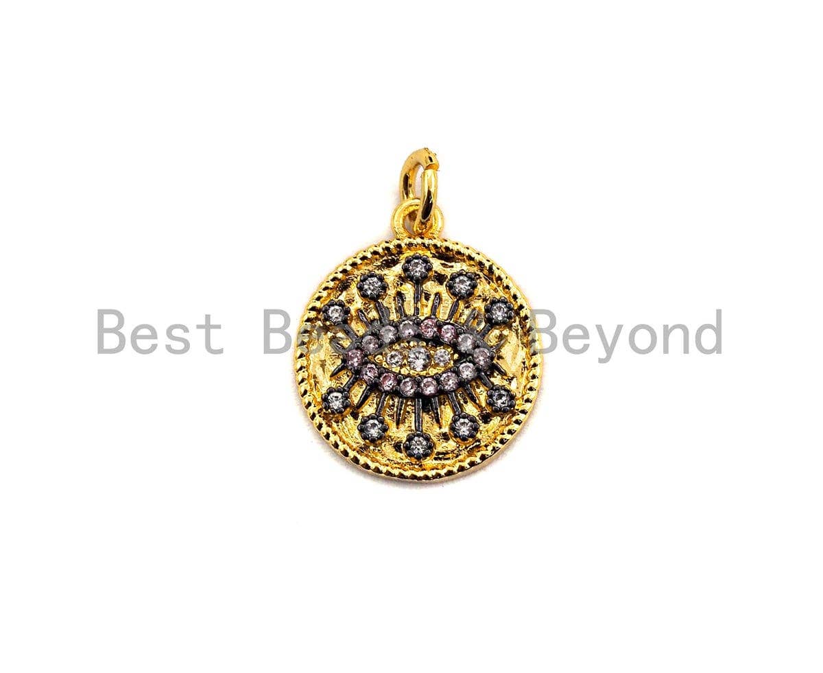 Dual Color CZ Micro Pave Evil Eye on Disc Pendant/Charm,Evil Eye Cubic Zirconia Pendant, Gold Tone,15x17mm,Sku#Z453