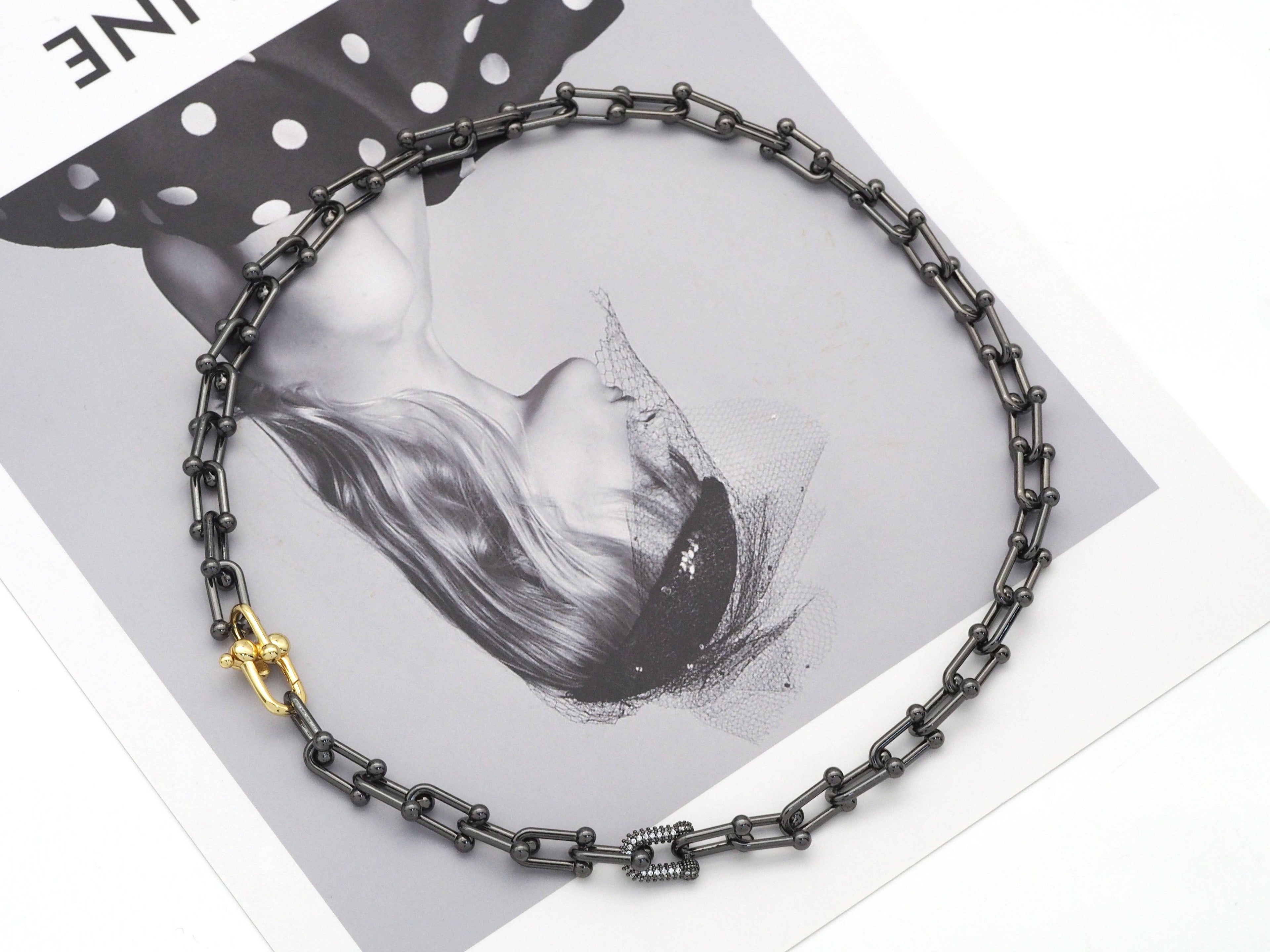 U Shape Chain Necklace with/without CZ Link focal, Sku#EF183