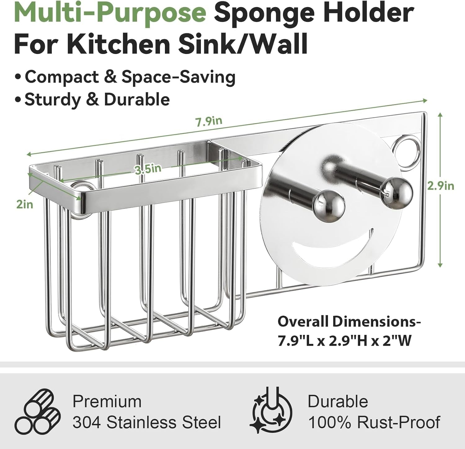 [Space Saving] Sponge Holder for Kitchen Sink, Great for Scrub Daddy / Scrub Mommy Sponges, Rust-Proof Sink Sponge Caddy Organizer for Dish Brush, Scrubber - 2 Mounting Options (Suction Cups & Hooks)