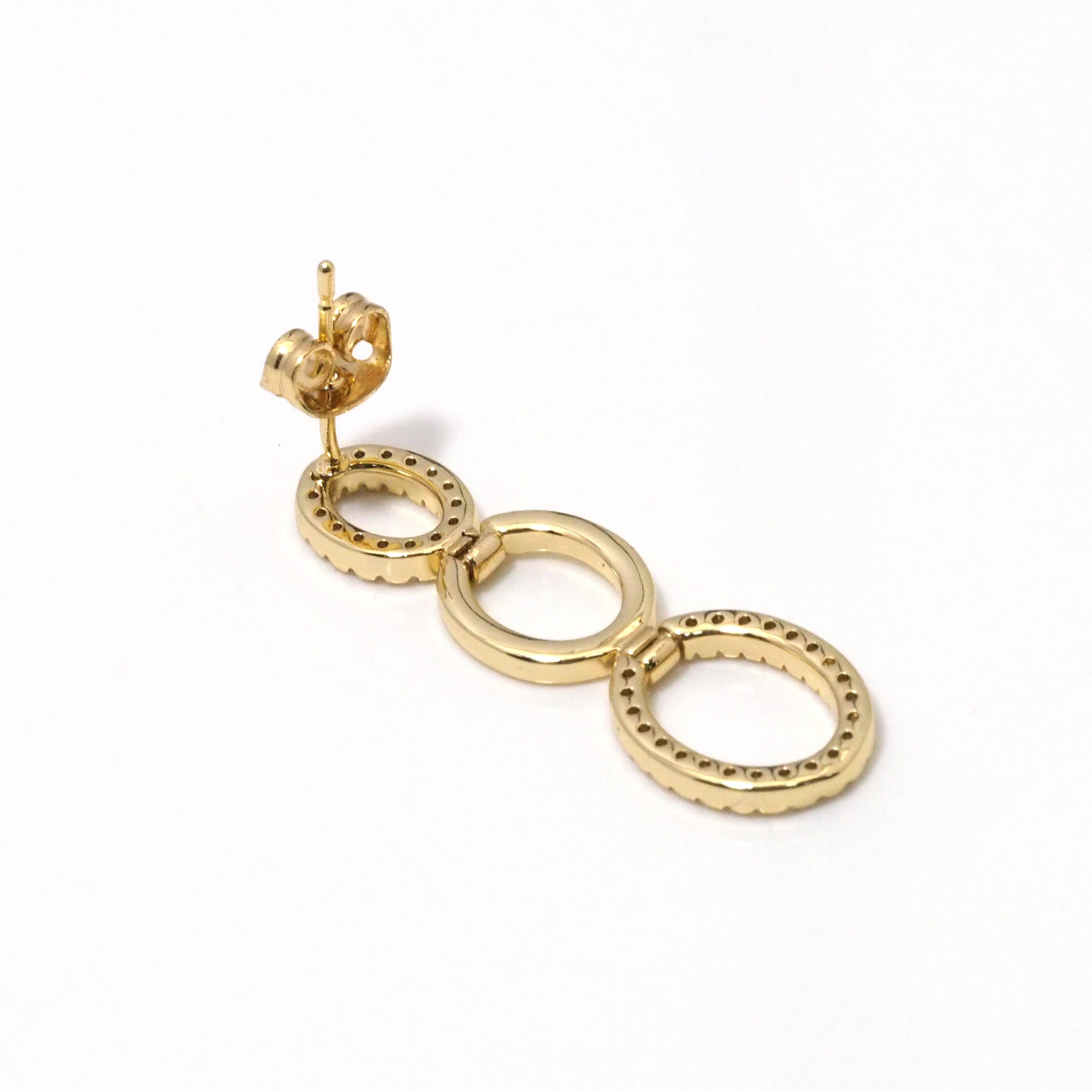 CZ Gold Three Round Circle Link Dangle Earrings, Sku#LD392