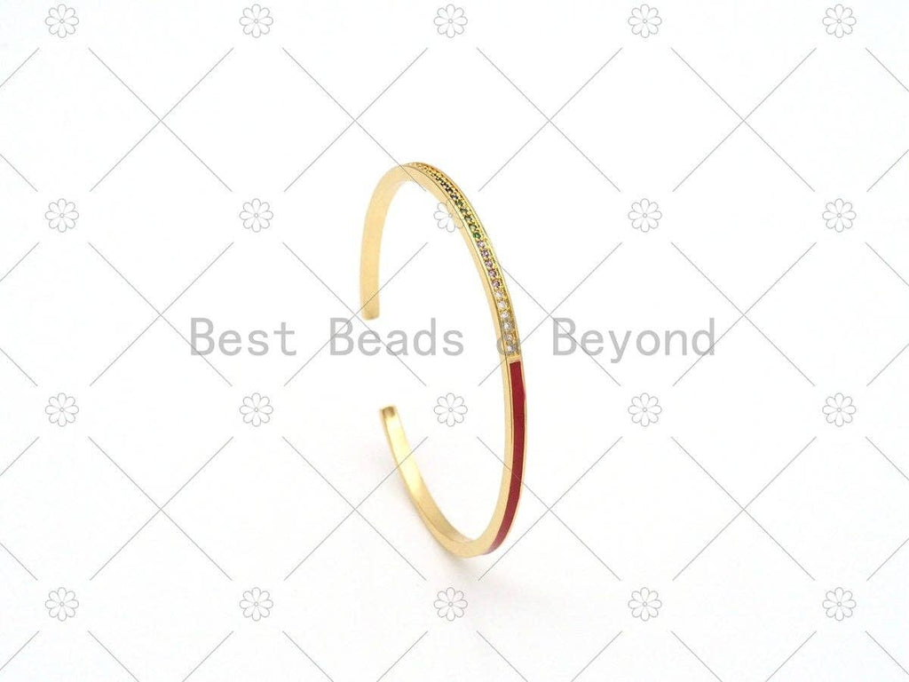 Colorful CZ Micro Pave with Enamel Adjustable Bangle Bracelat, 18K Gold Filled Enamel Open Bracelate, Stacking Bracelet, 3x62mm,Sku#LK490