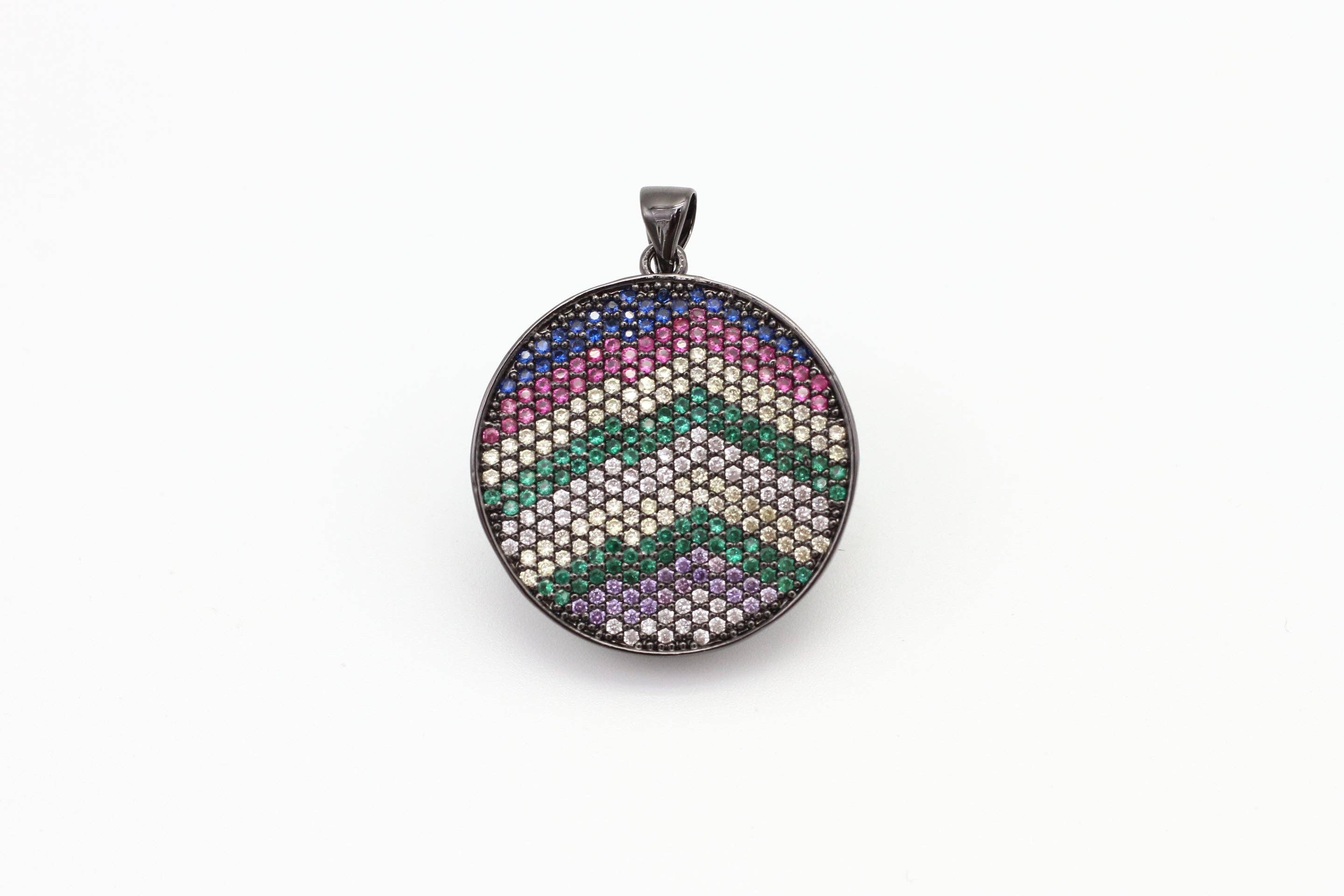 CZ Micro Pave Mixed Color Zigzag Round Disc Pendant, Cubic Zirconia Necklace Pendant, 25x31mm, sku#F3