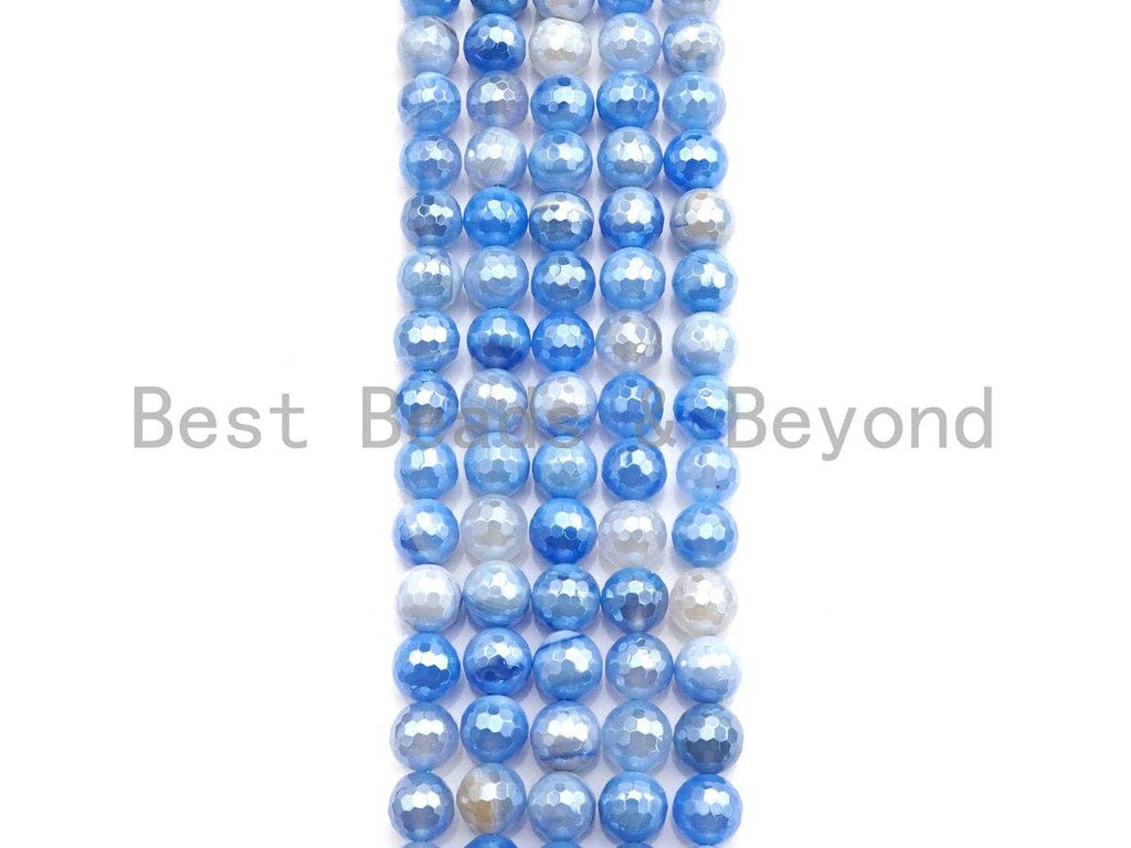Mystic Plated Faceted Agate Beads,6mm/8mm/10mm, Plated Blue White Banded Agate Beads,15.5" Full Strand, SKU#UA80