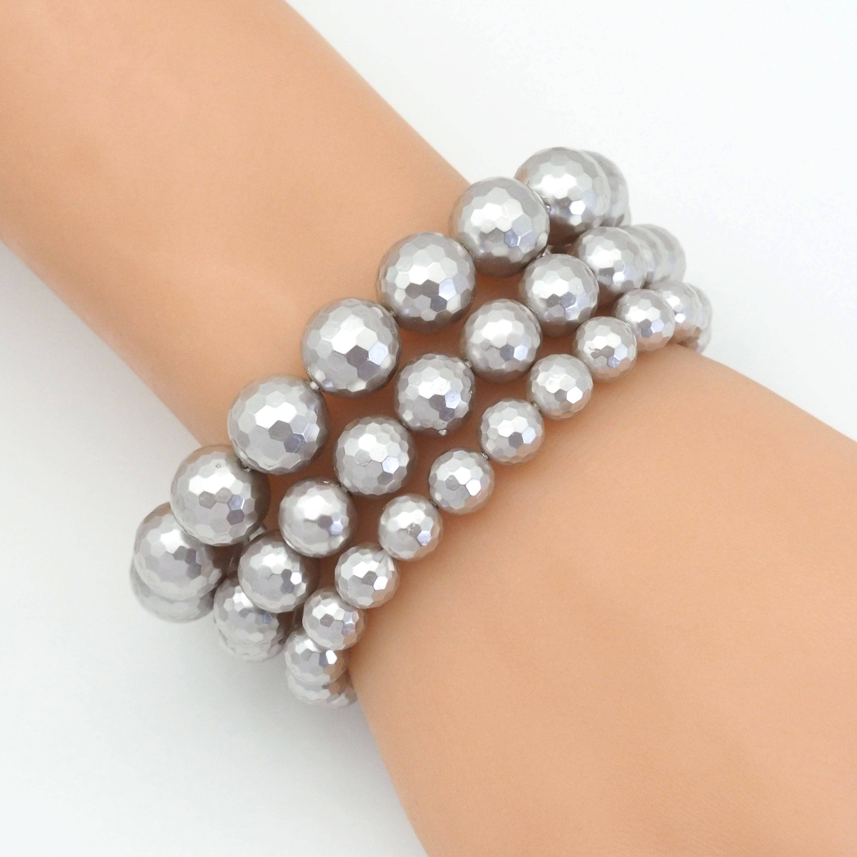 Gray MOP Round Faceted Stretchy Bracelet, Sku#EF381