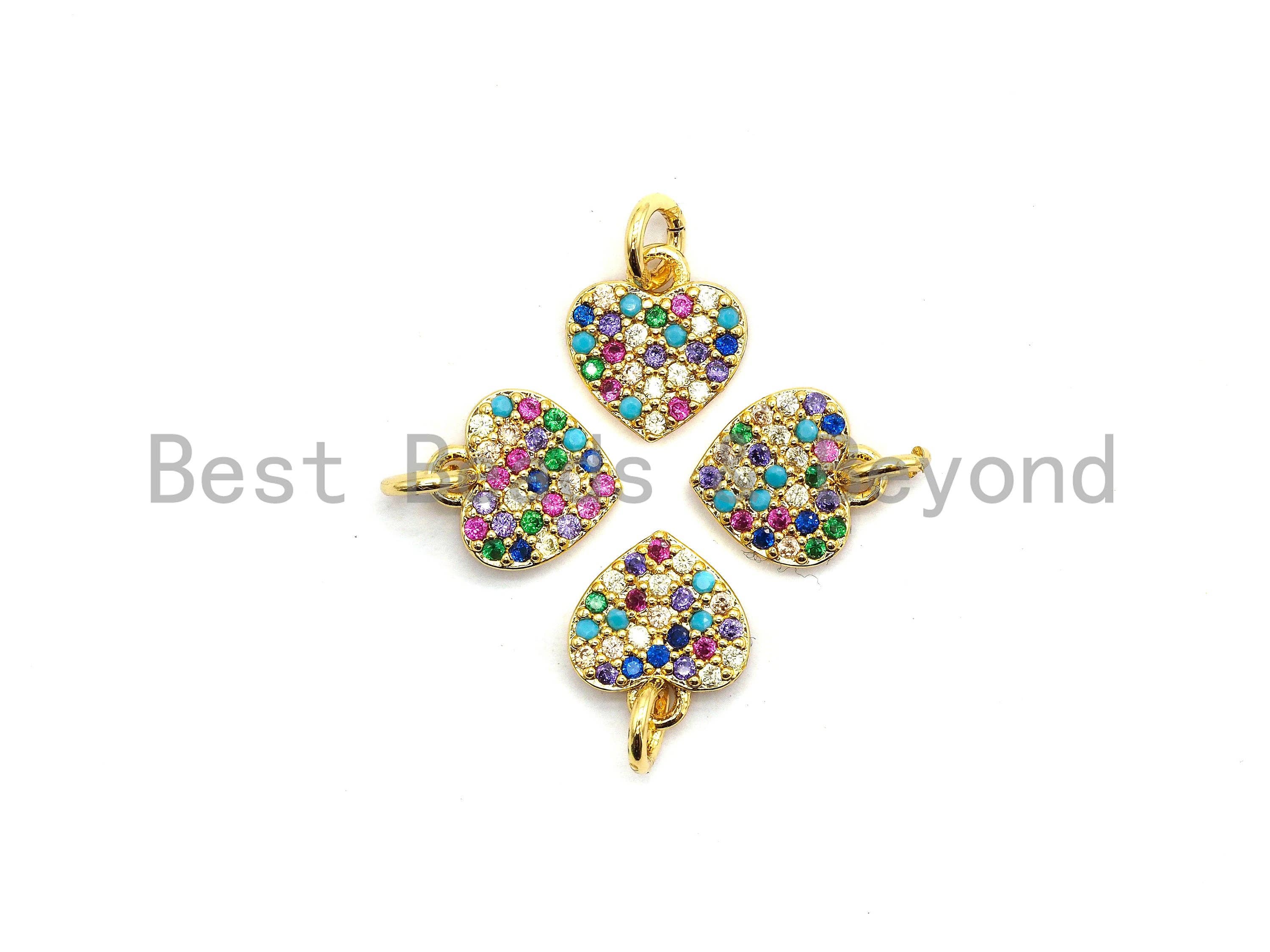 CZ Colorful Micro Pave Heart Pendant, Heart Shaped Pave Pendant, Gold plated, 9x10mm, Sku#F720