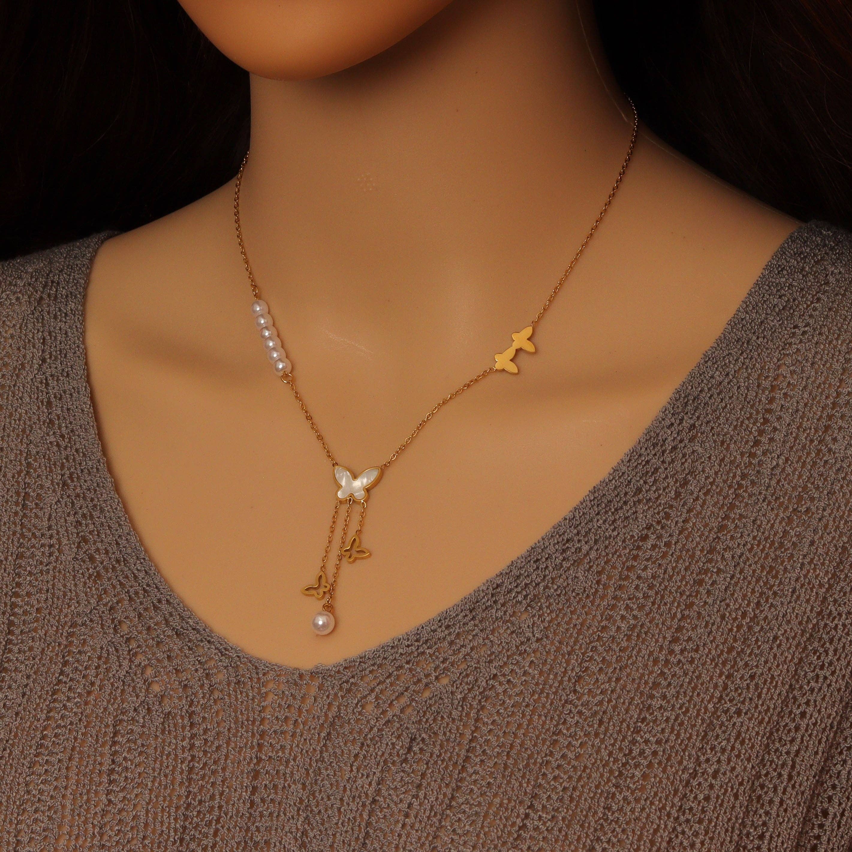 Stainless Steel Pearl Butterfly Pendant Adjustable Necklace , Sku#BXG09