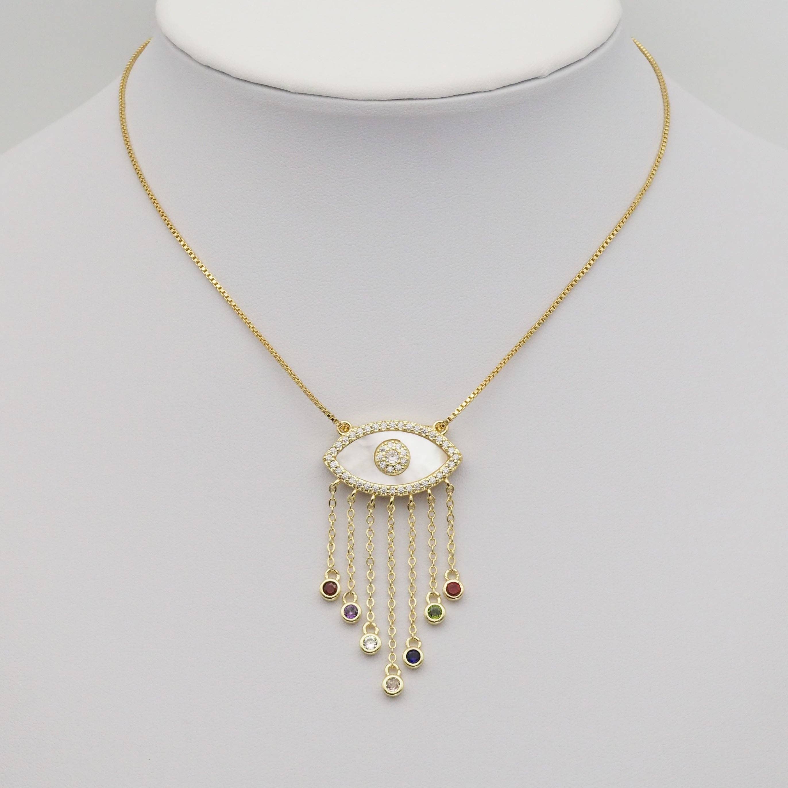 Gold Colorful CZ On Pearl Evil Eye Charm, Sku#LX274