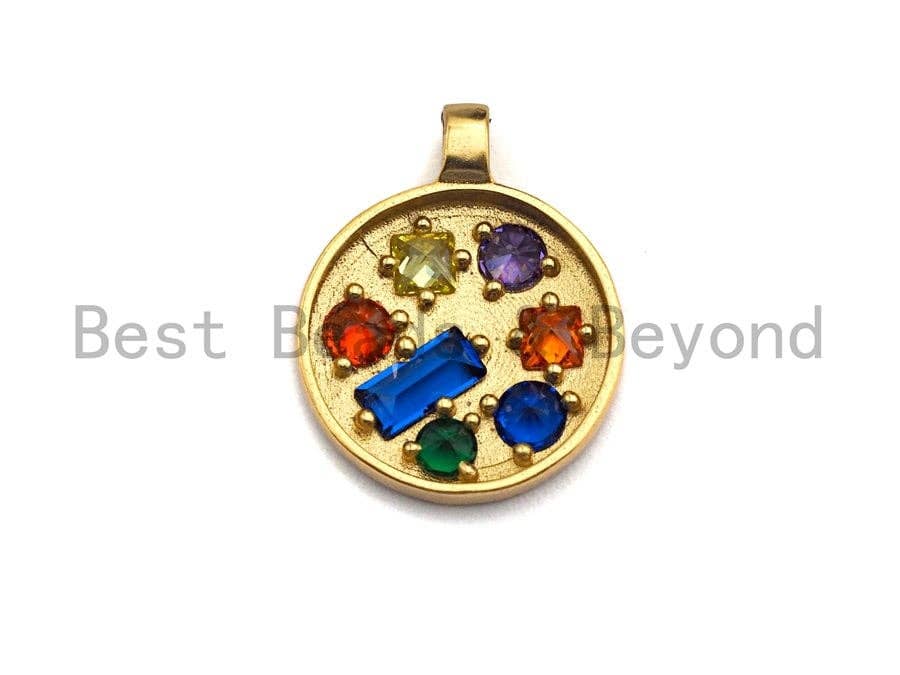 Colorful CZ Micro Pave Coin Shape Pendant,Cubic Zirconia Round Charm, Gold Pendant,16x20mm,sku#Y217