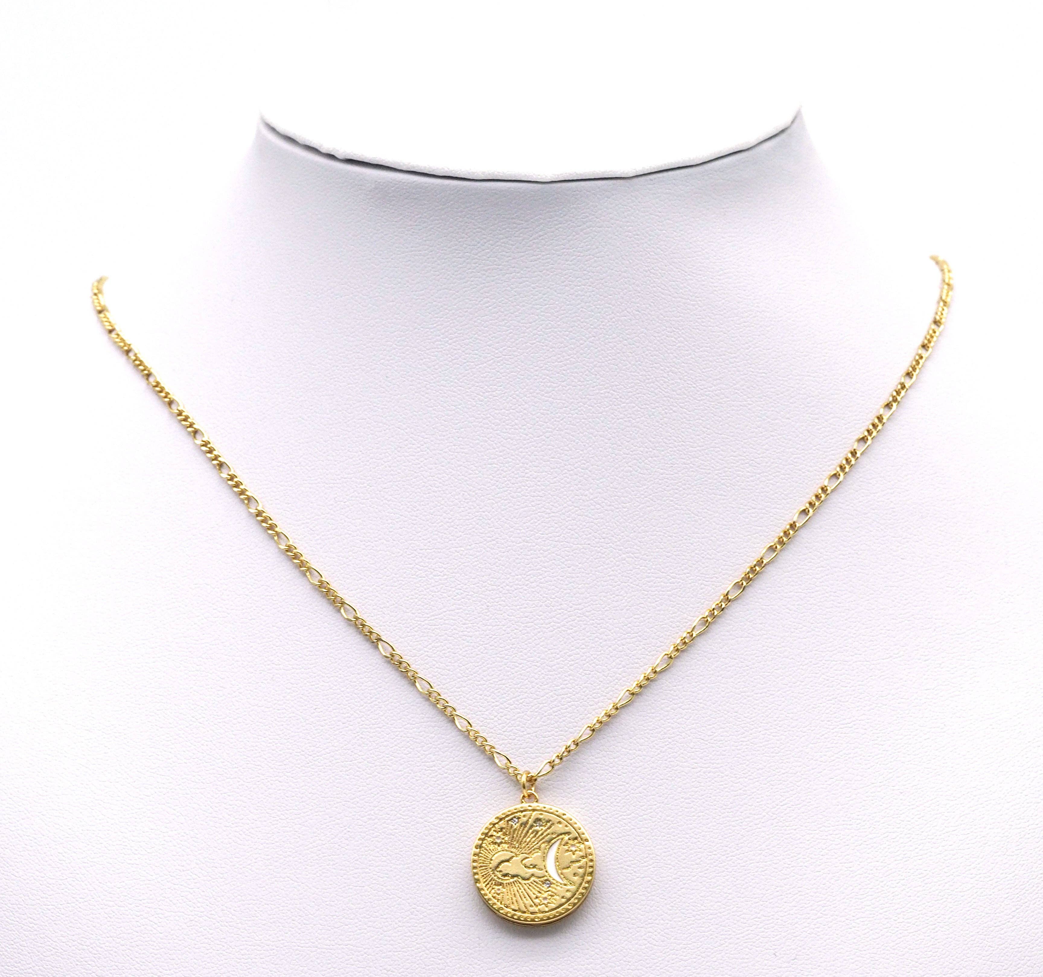 Gold CZ Enamel Moon On Round Coin Charm, Sku#Z1461