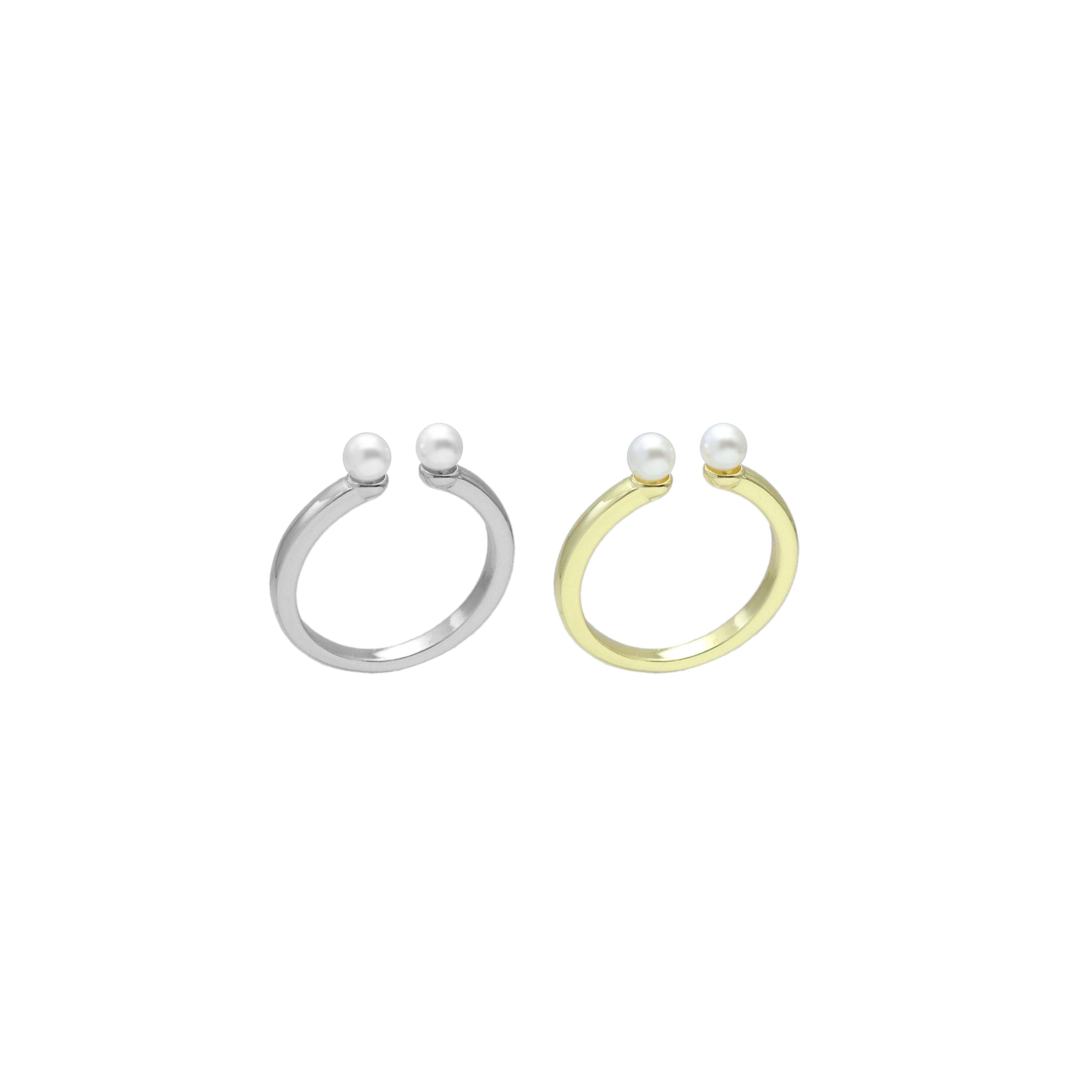Gold Silver Two Pearl Thin Adjustable Ring, Sku#LX754