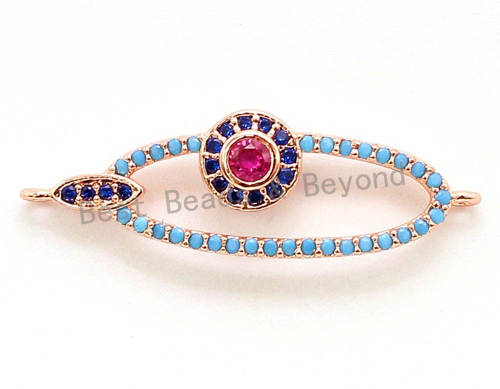 CZ Micro Pave Turquoise Hollow Evil Eye Connector for Bracelet/Necklace, Cubic Zirconia Space Connector, Jewelry Findings,10x31mm,sku#E53C