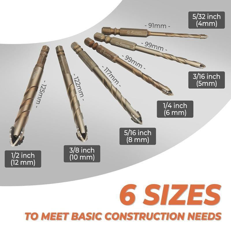 7 Count Masonry Drill Bit Set with Industrial Carbide Tip, Sawtooth Eccentric Design, Ideal for Drilling Tiles, Ceramics, Glass, Marble, Concrete, Stainless Steel.