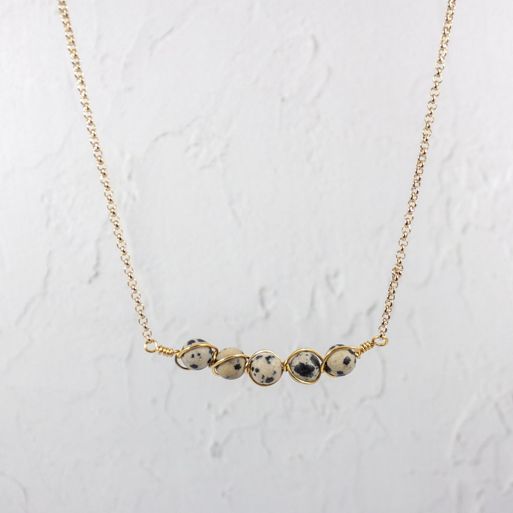 Dalmatian Jasper Wire Wrapped Pod Necklace 18 Inch Gold