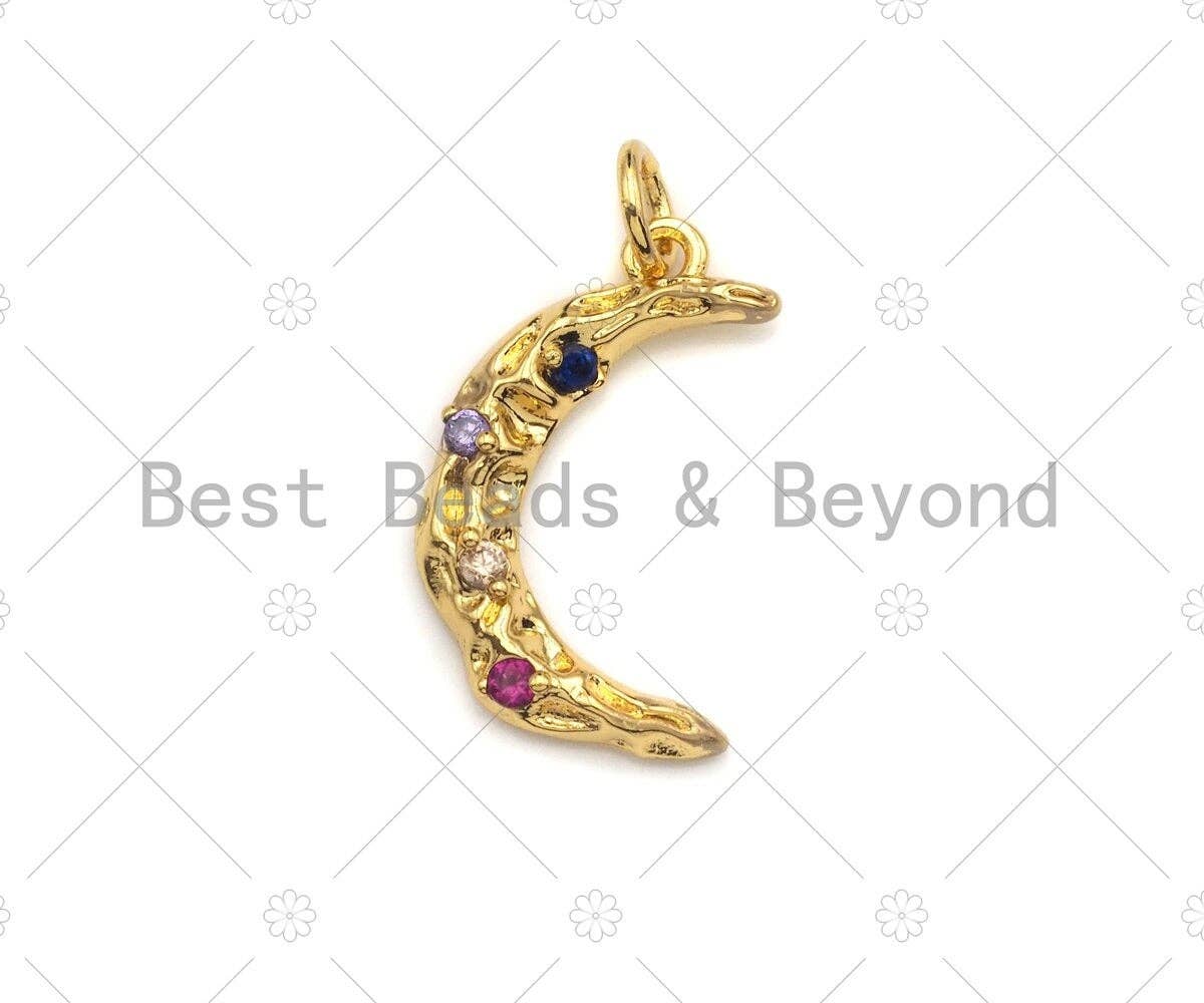 Colorful CZ Micro Pave Textured Cresent Moon Pendant,Cubic Zirconia Hammered Moon Charm, Gold/Silver/Rose Gold/Gunmetal Moon,18mm,sku#Y300