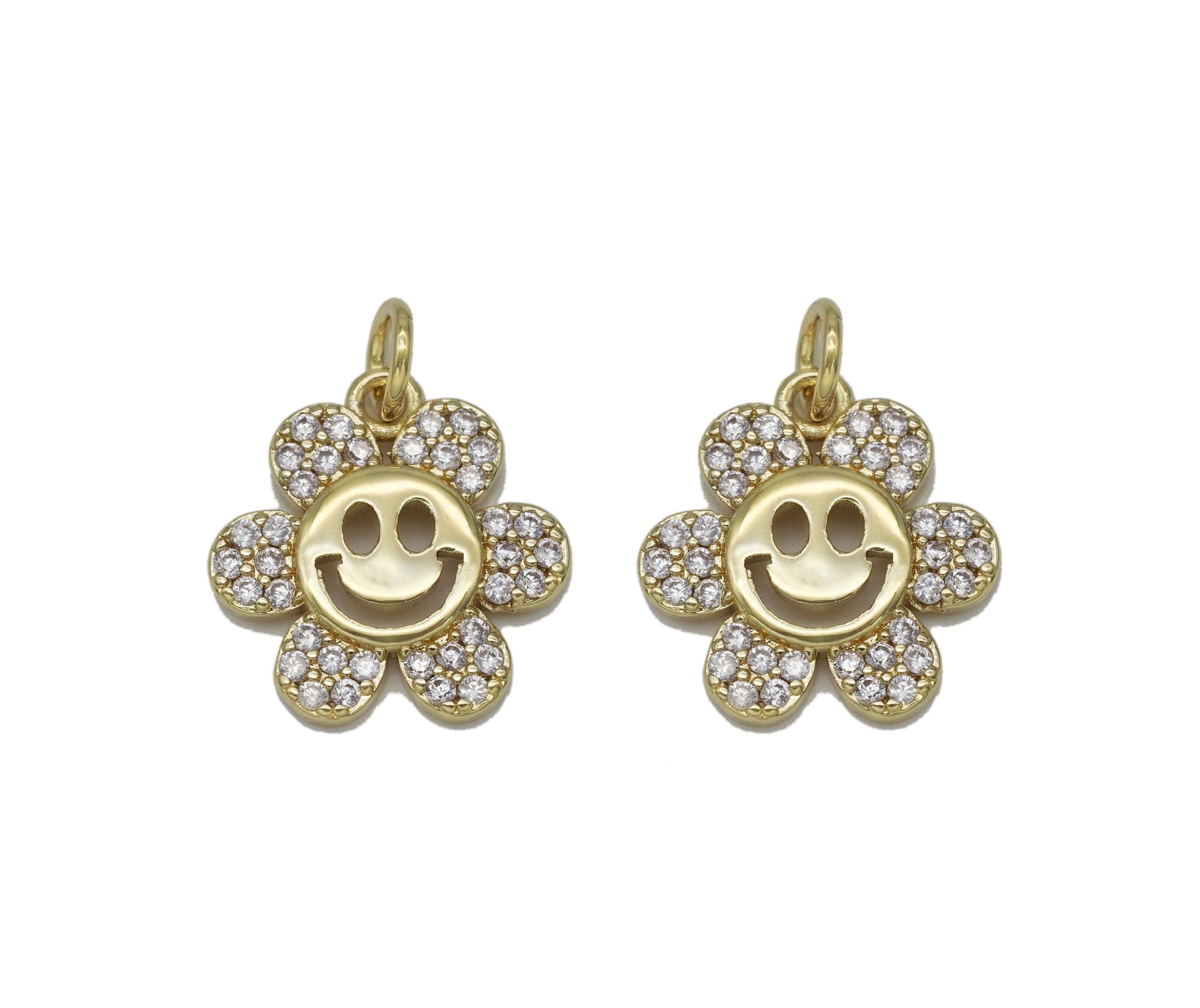 Gold CZ Smiley Face Flower Charm, Sku#L711