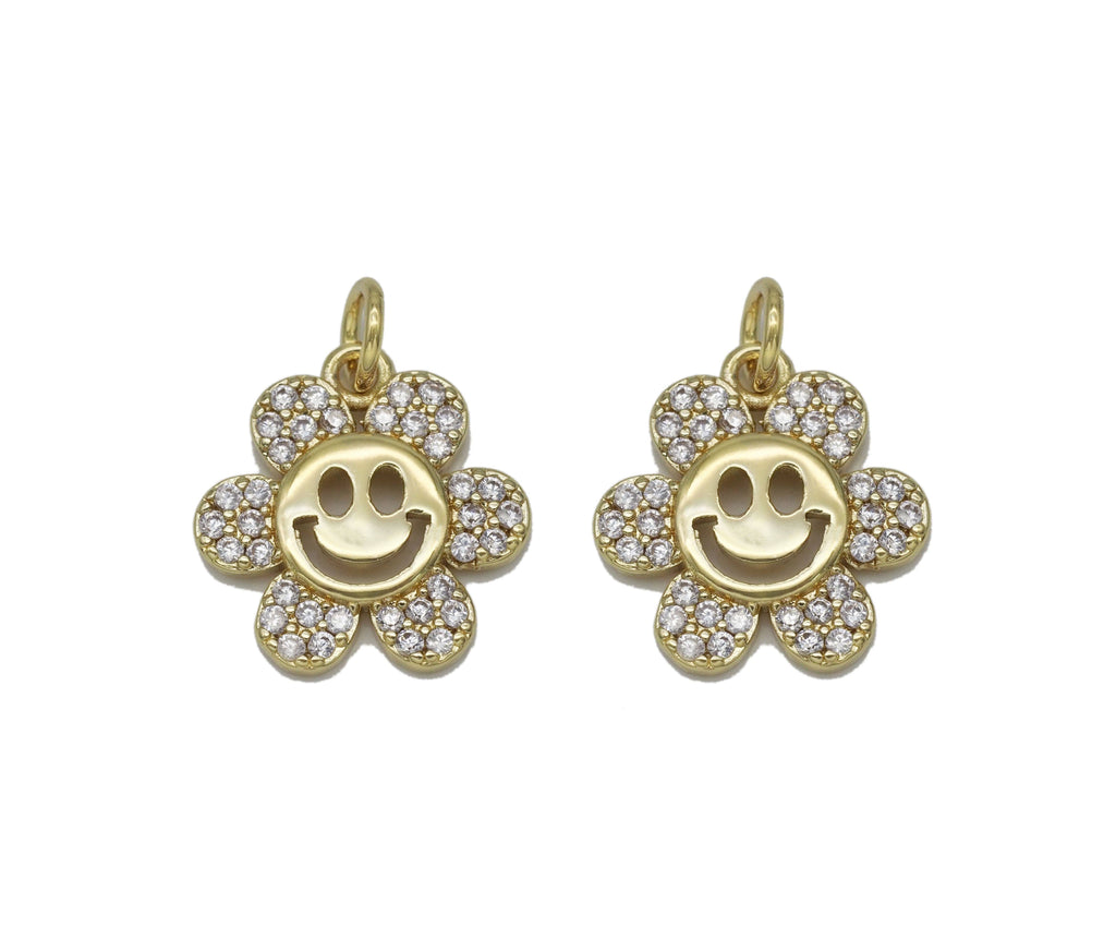 Gold CZ Smiley Face Flower Charm, Sku#L711