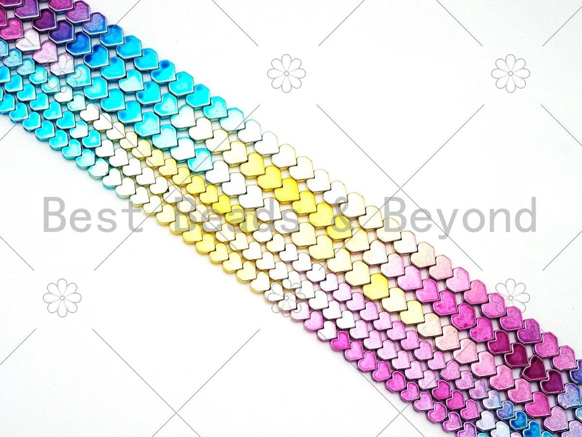 NEW!!! Rainbow Natural Hematite Smooth Heart Beads, Gold Green Purple Blue Pink Matrix 6mm/8mm Hematite, 15.5'' Full Strand, SKU#S140