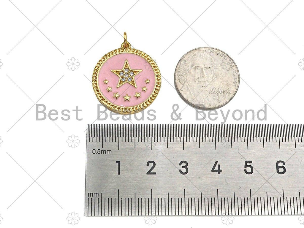 CZ Micro Pave Enamel Pink Five Star On Round Coin Pendant, 18K Gold Pendant, Star Charm, Pink Enamel Charm, 24x22mm,Sku#L565