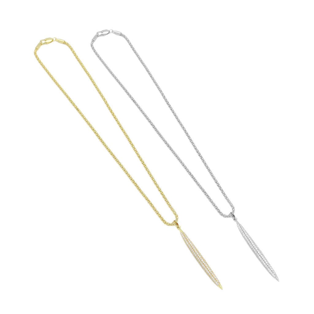 Gold Silver box Chain CZ Long Spike Bar Pendant  Necklace, Sku#A180