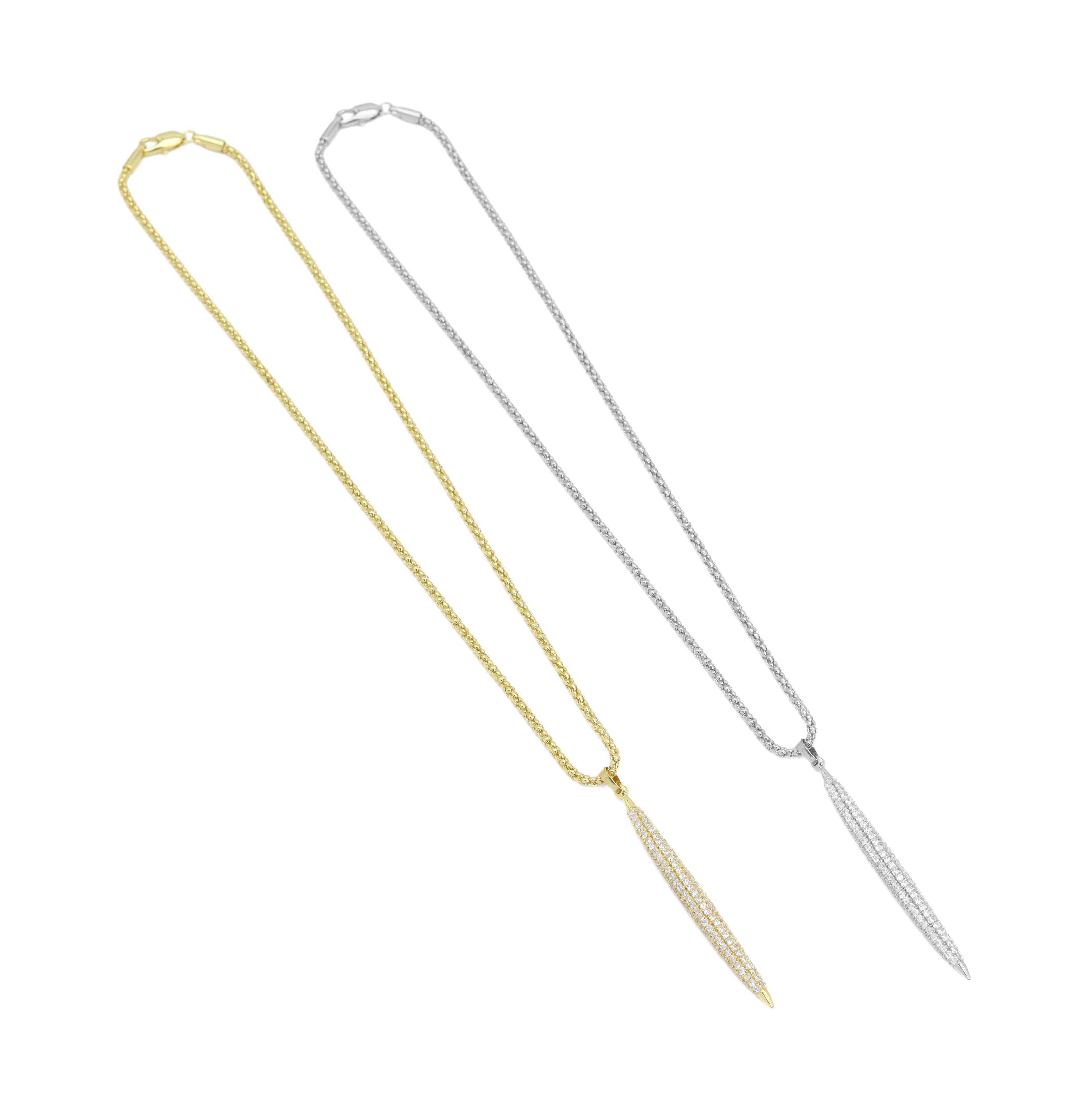 Gold Silver box Chain CZ Long Spike Bar Pendant  Necklace, Sku#A180