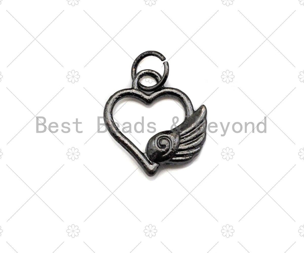 CZ Micro Pave Heart With Wing Shape Pendant/Charm, Heart Cubic Zirconia Pendant, Black/Gold/Rose Gold /Silver Tone, 13mm, Sku#Y284