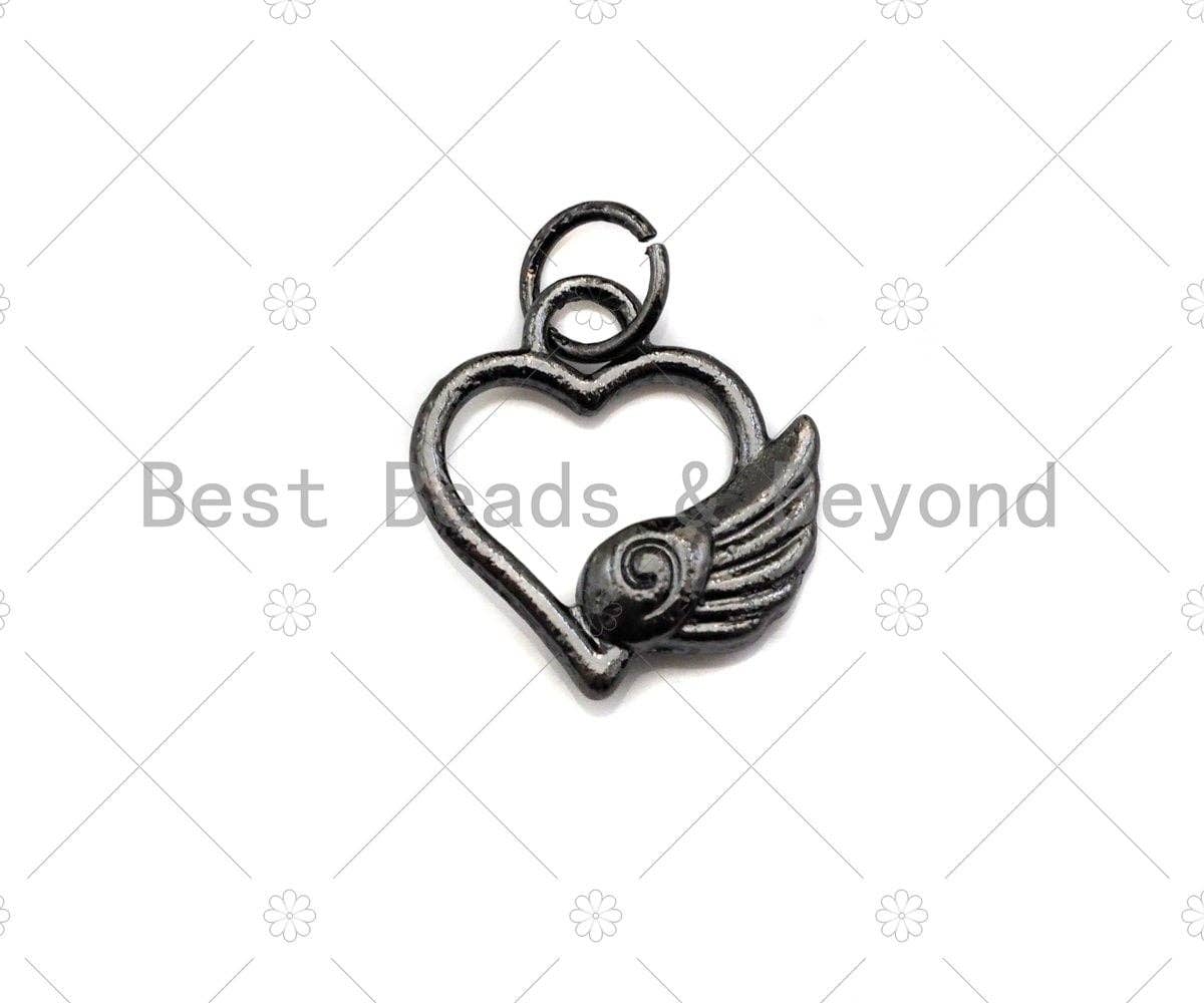 CZ Micro Pave Heart With Wing Shape Pendant/Charm, Heart Cubic Zirconia Pendant, Black/Gold/Rose Gold /Silver Tone, 13mm, Sku#Y284
