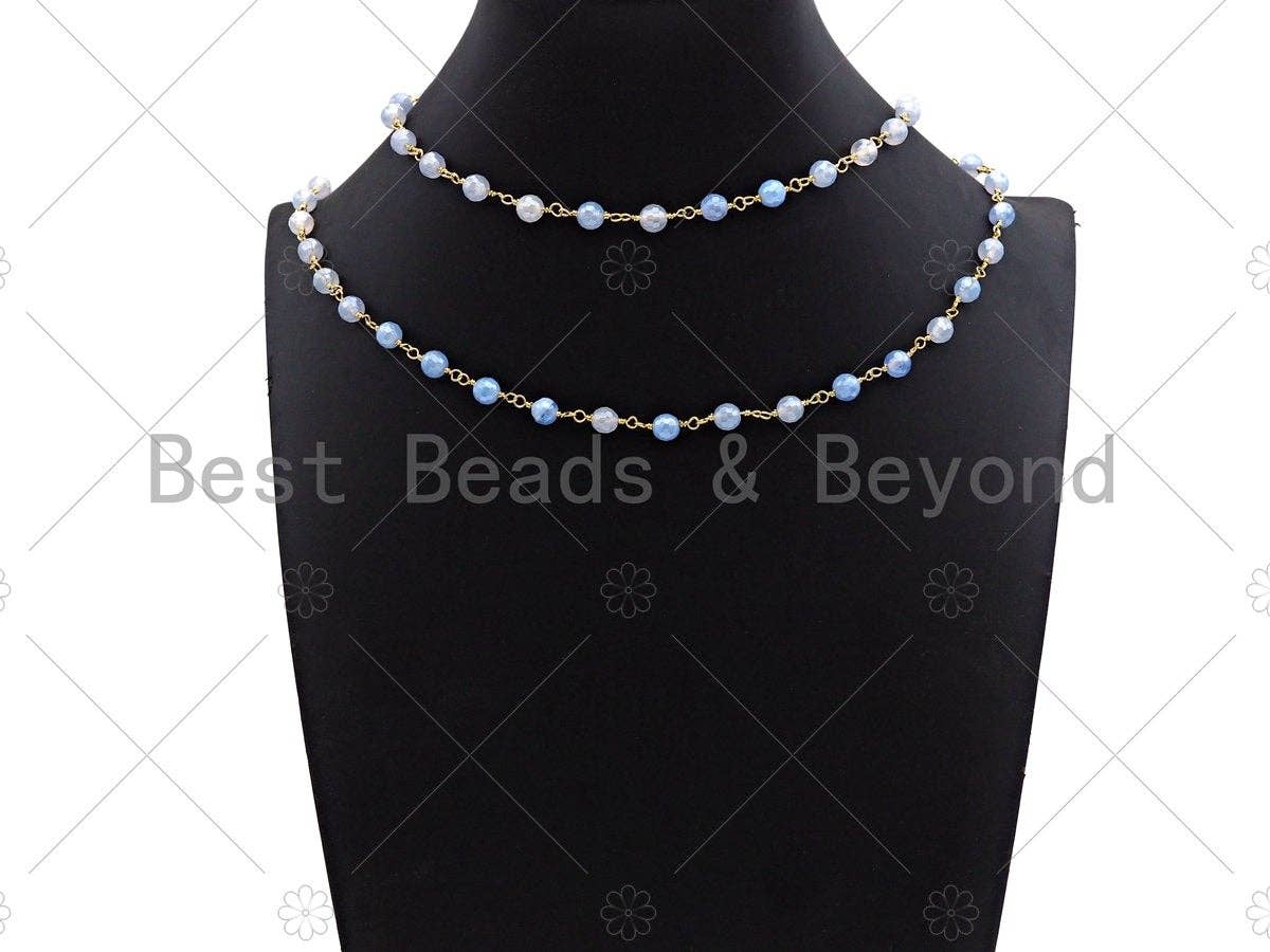 Mystic Blue Agate Faceted Navy Blue Tiger Eye Rosary Chain, 6mm Beaded Chain, Wire Wrapped Gold Chain,Sku#V91