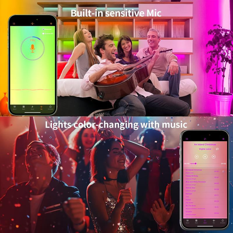 RGB LED Strip Lights 50FT 100FT with Music Sync Smart App Control Color Changing Flexible DIY Home Decoration Kit Remote Included