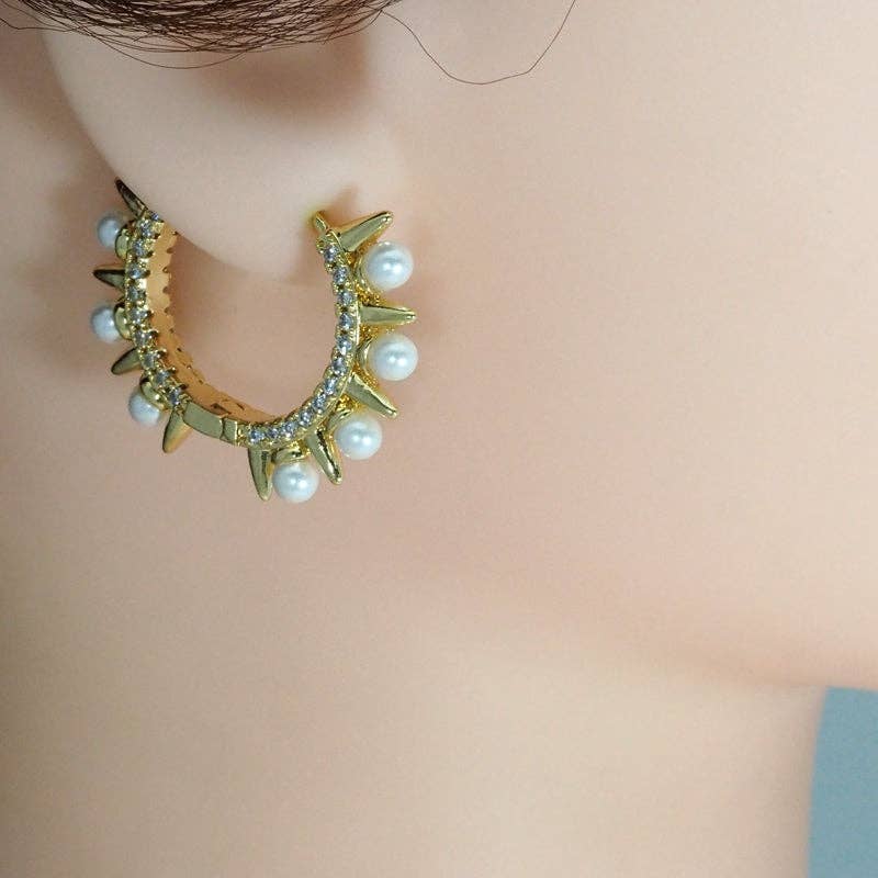 CZ Pearl Spike Hoop Earrings, Sku#LD385