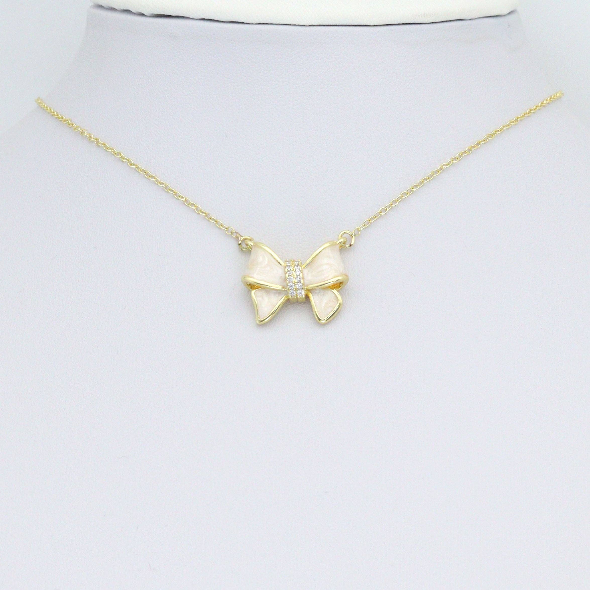 White Enamel Bow Charm Pendant, Sku#LK1206