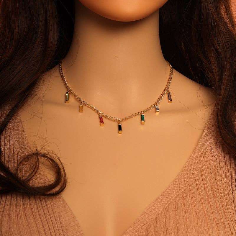 Dangle Colorful Baguette CZ Dainty Chain Necklace,sku#EF311