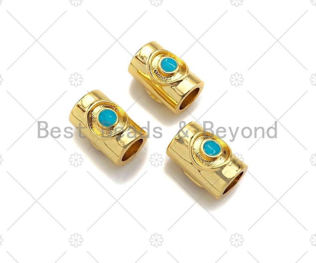 18K Gold High Polished Turquoise Evil Eye Tube Spacer Bead, Large Hole Shaper Beads, Men's Jewelry Findings, Bracelet Beads, 9x7mm, Sku#Y386