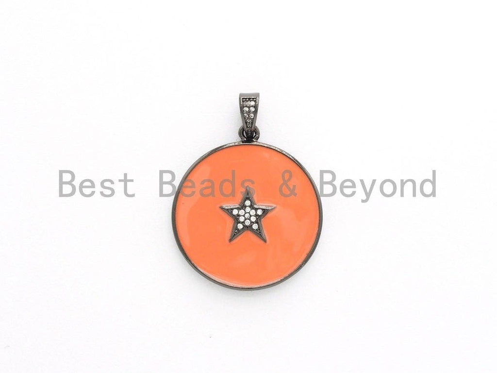 NEW Colorful Enamel Star on Disc Pendant,Cubic Zirconia Pave Pendant, Red/Blue/Pink/Orange/Yellow/White/Green Star Charms, 30*35mm, SKU#F613