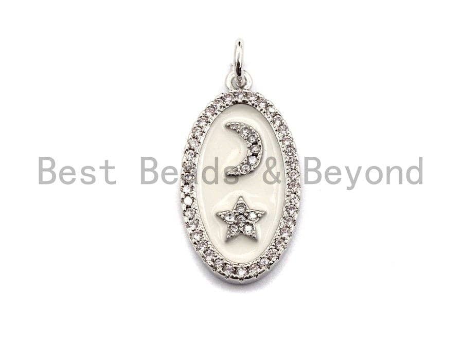 CZ Pave Enamel Oval With Star And Moon Pendant, Gold/Silver, CZ Micro Pave Oil Drop Oval pendant,Enamel Jewelry,12x23mm,sku#Z401