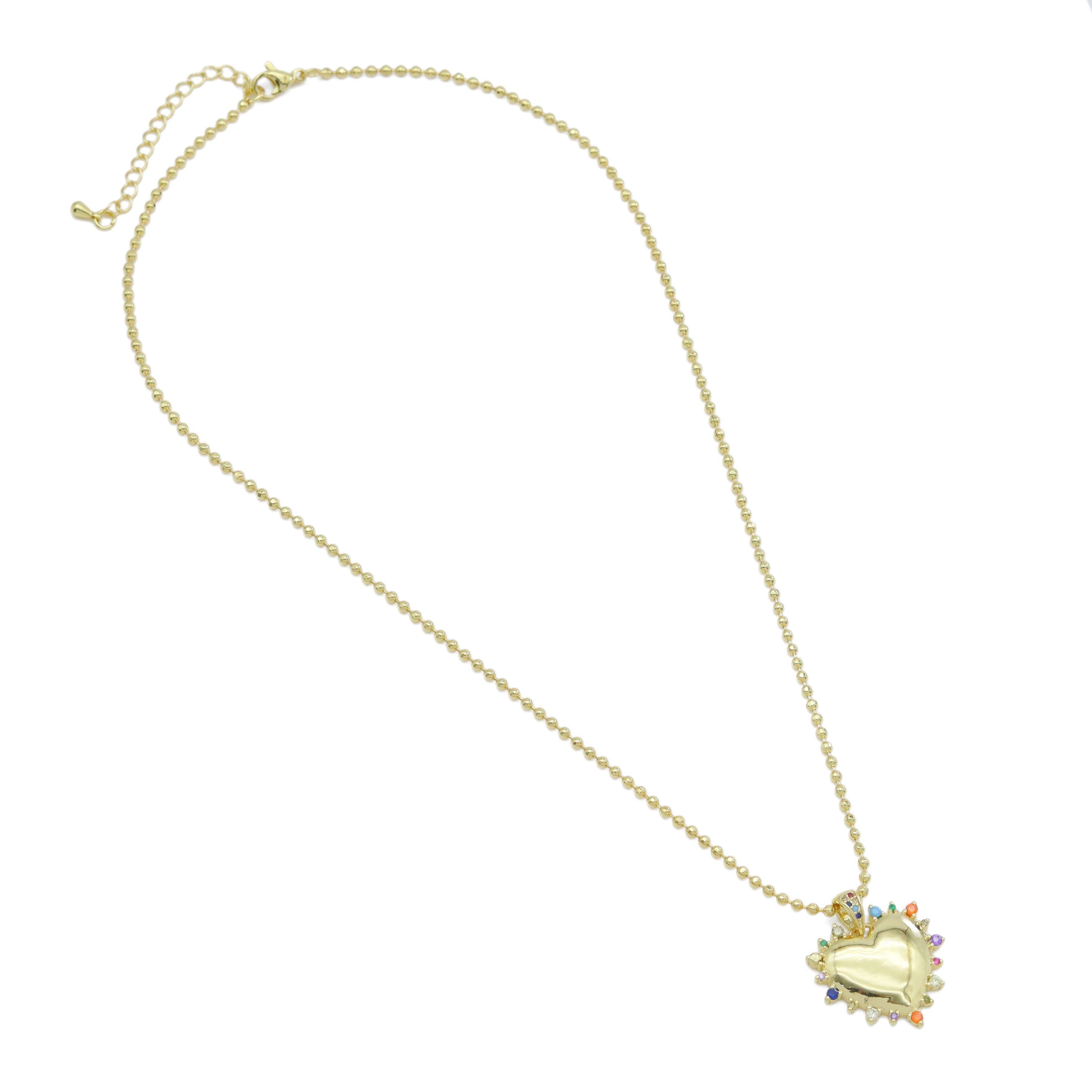 Gold Ball Chain Multicolor CZ Heart Pendant Necklace, Sku#EF