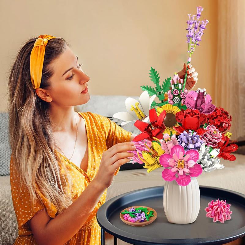PLAXSOON 1461PCS Flower Bouquet Building Blocks, 18 Flowers & Fruit Ornaments, Everlasting Home Decor, Valentine Birthday Gift for Adults Women Kids 8+