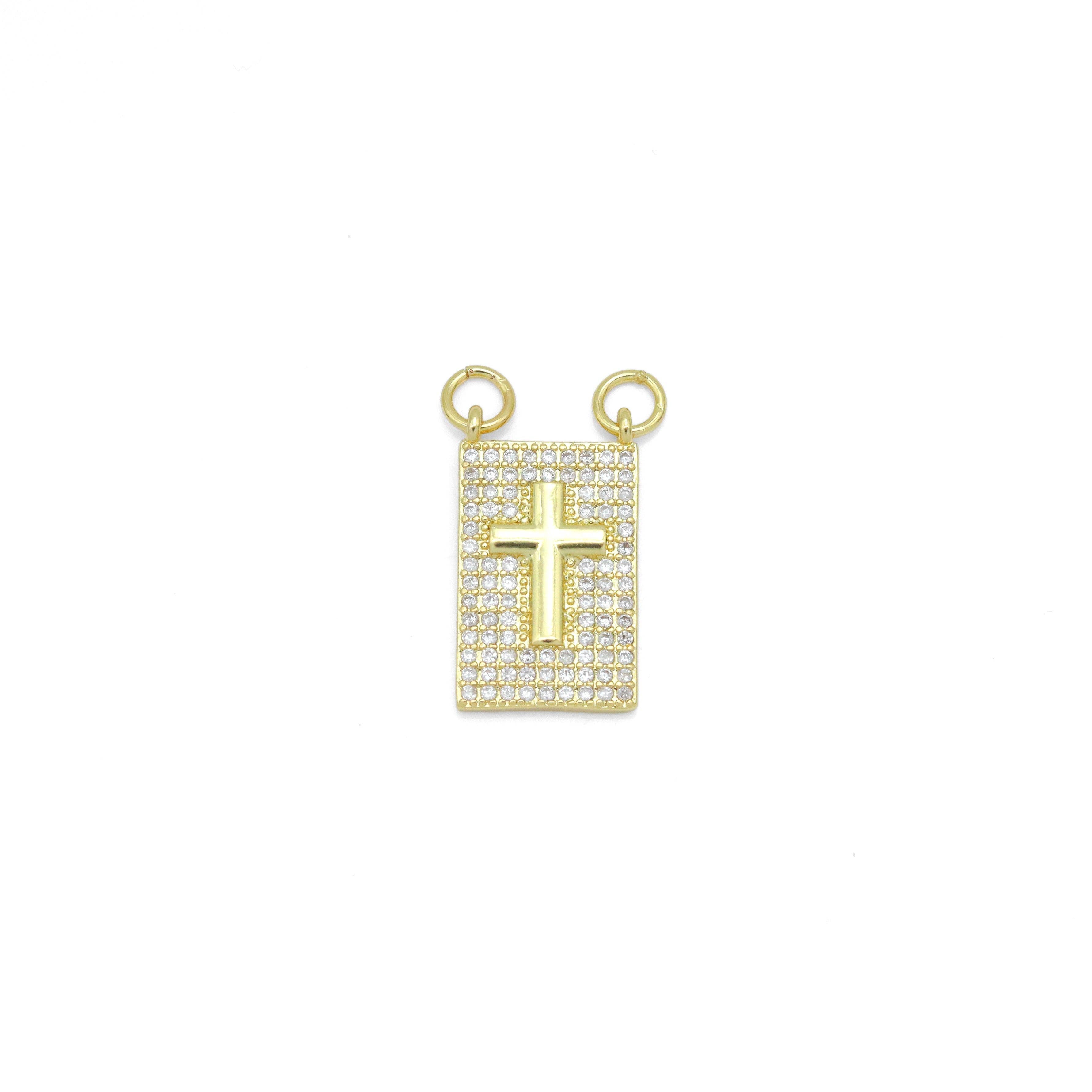 Gold Clear CZ Cross On Rectangle Charm Pendant, Sku#LK988